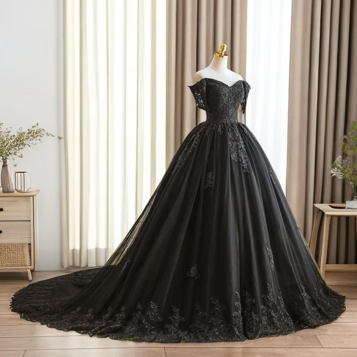 Elegant Black Off-The-Shoulder Puffy Tulle Wedding Dress with Lace Details & Train - Perfect for Bridesmaids, Prom, Evening Gowns & Formal Occasions
