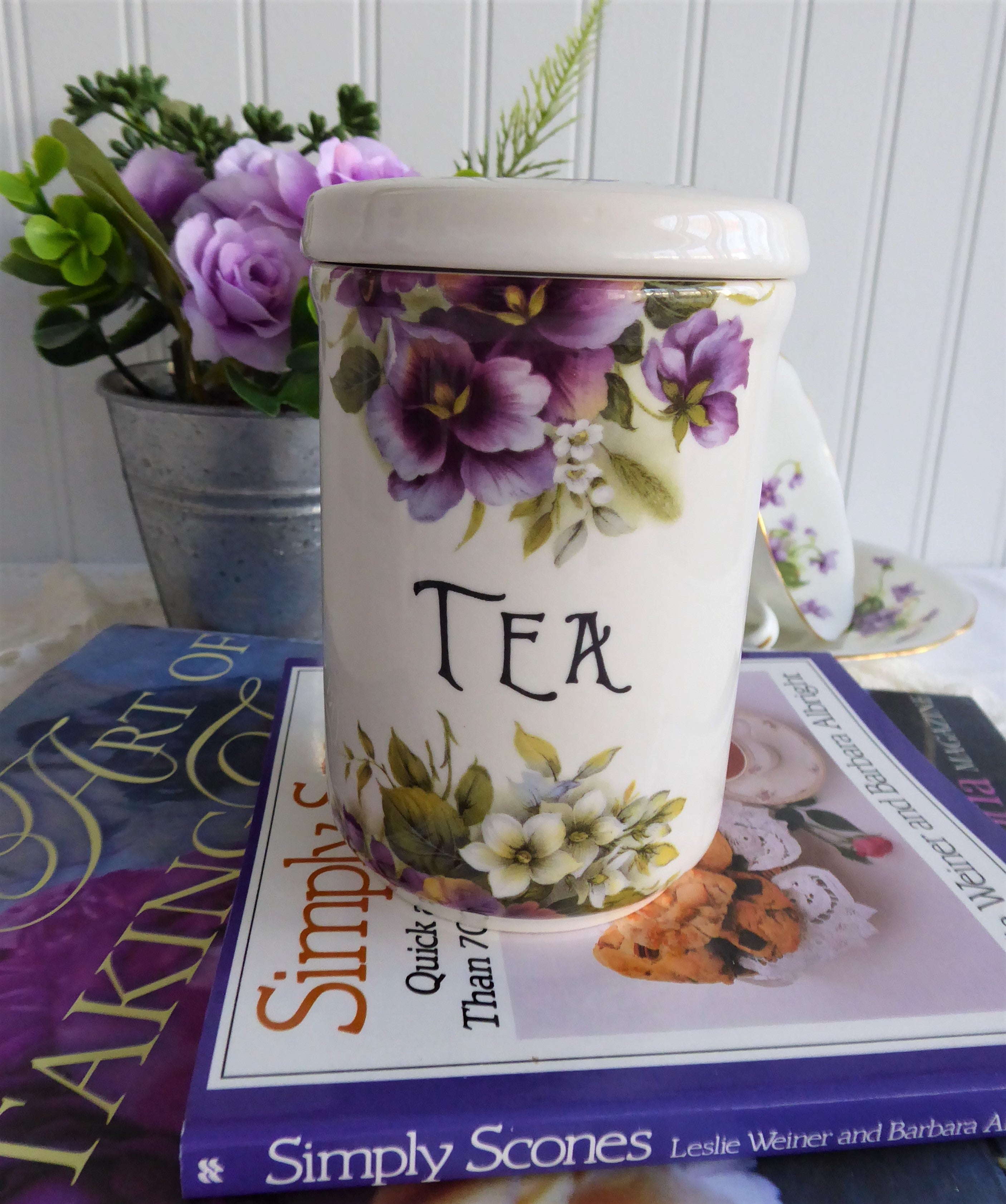 Vintage English Violets Tea Caddy Canister - 1960s Crownford Importers, Made in England - Perfect for Tea Storage, Kitchen Decor & Collectible Antique Display
