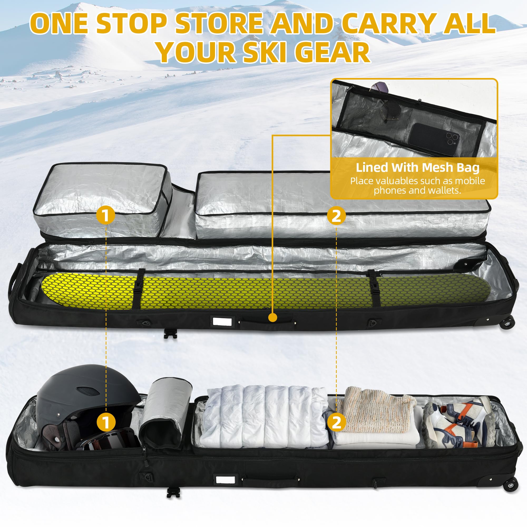 Premium 900D Padded Ski Bag with Wheels - Extendable 165-195CM Rolling Snowboard Bag for Air Travel | Fits Double Skis, Boots, Helmet & Ski Gear | Durable All-Round Protection for Winter Sports & Travel