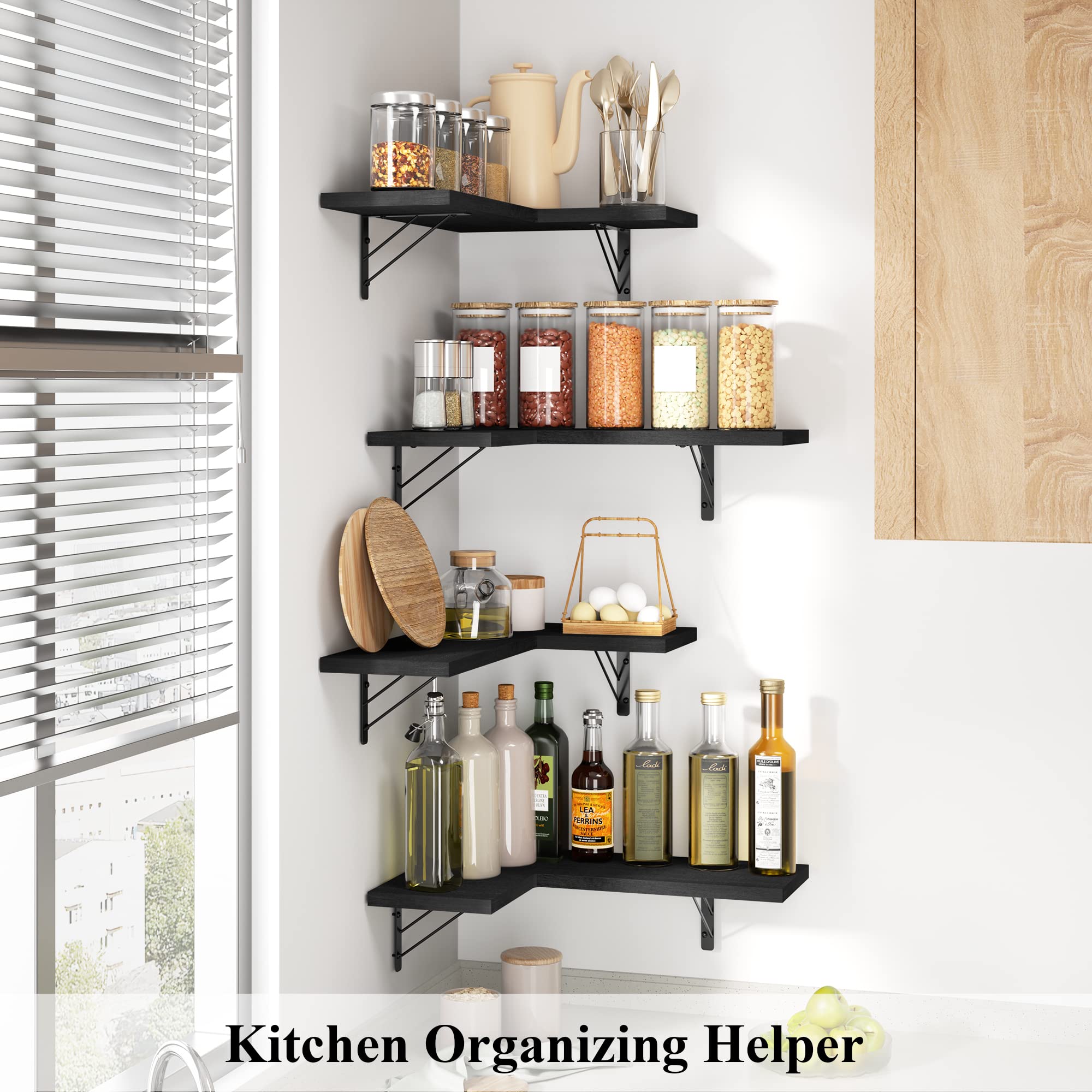Love-KANKEI Floating Corner Shelf Set of 4 - Rustic Wall Mounted Storage Shelves for Bathroom, Kitchen, Bedroom & Living Room - Black Wooden Display Shelves for Home Decor & Organization