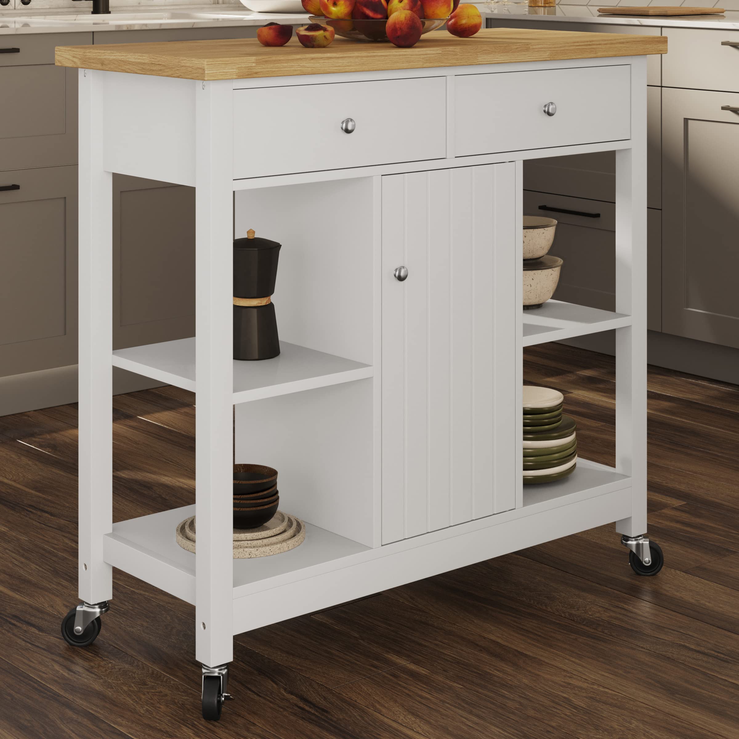 Premium White Kitchen Island with Drawers & Locking Wheels - Mobile Rolling Cart for Coffee Bar, Microwave Stand, Pantry Storage - Perfect for Small Kitchens, Apartments & Entertaining Guests