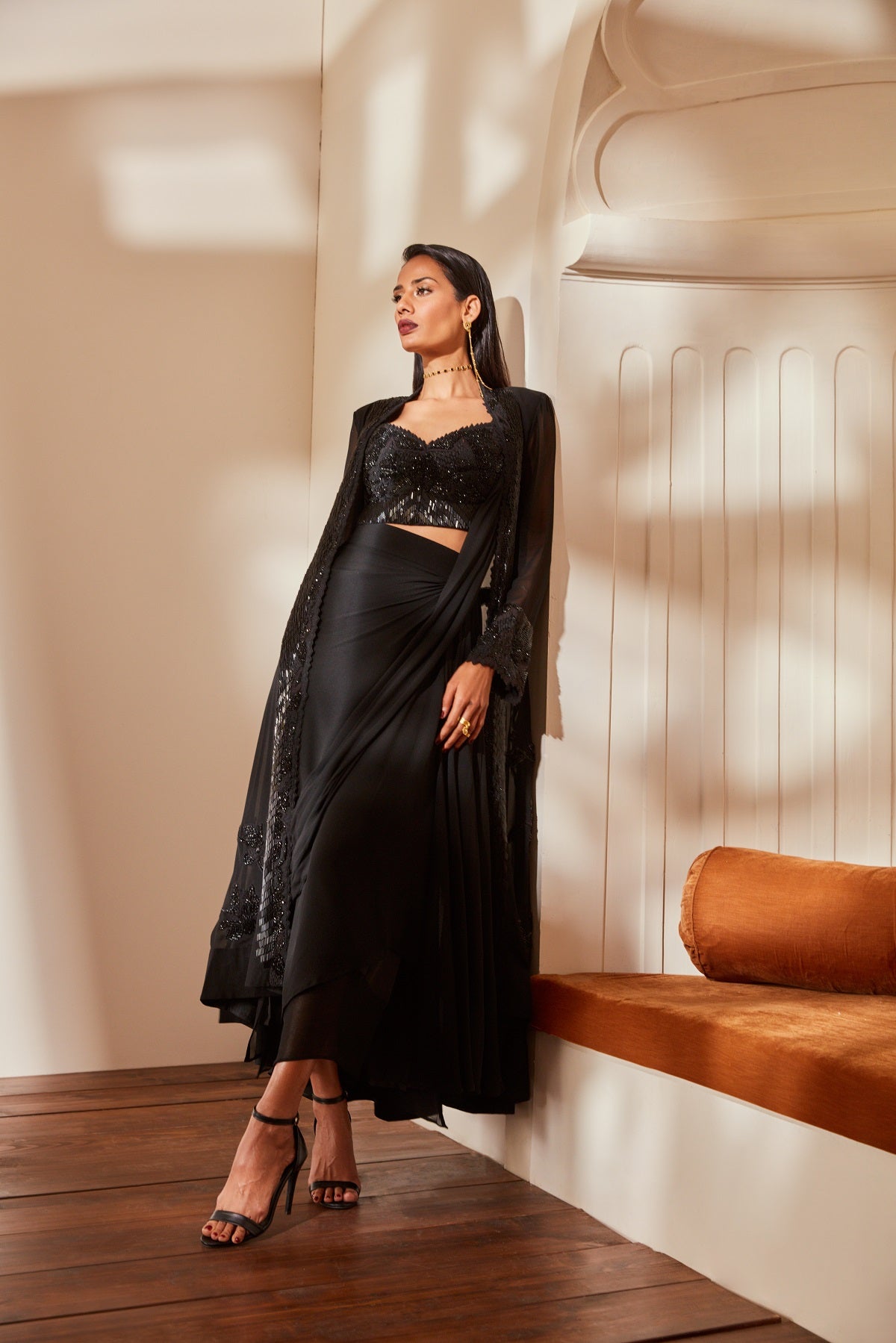 Elegant Black Pleated Drape Skirt Set with Blouse & Jacket - Noir Glass Bead Embroidery for Women | Perfect for Office Wear, Evening Parties & Special Occasions