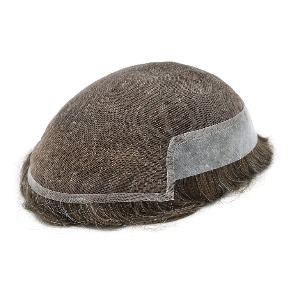 **Men's Swiss Lace Toupee - 100% Human Hair Replacement System with PU Bleached Knots & Natural Hairline | 8