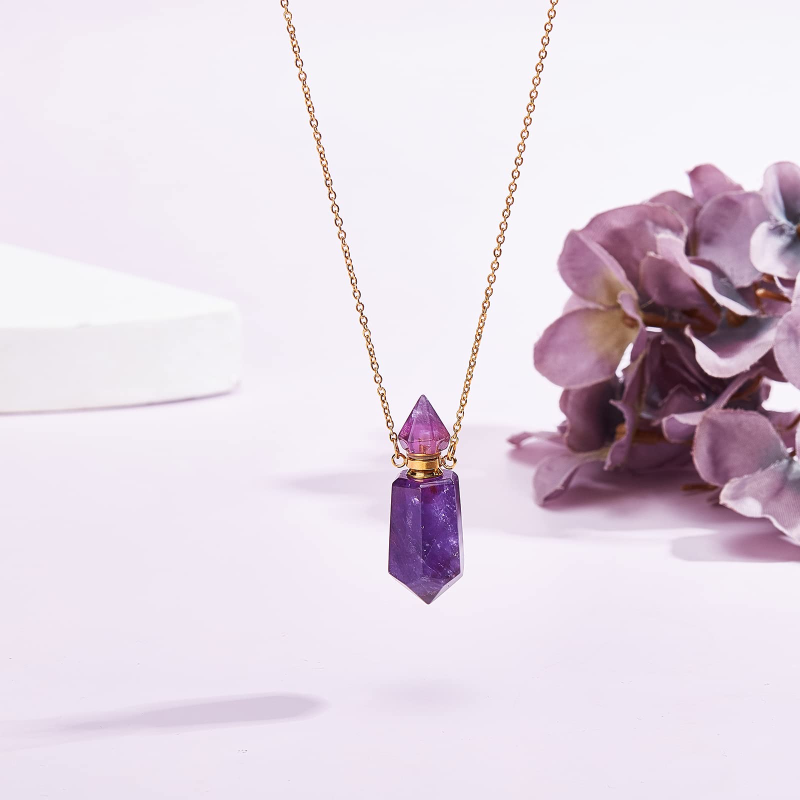 Natural Amethyst Stone Essential Oil Diffuser Pendant Necklace - 19.29 Inch Gold Chain Perfume Bottle Jewelry for Women | Aromatherapy, Spiritual Healing & Unique Gift Idea