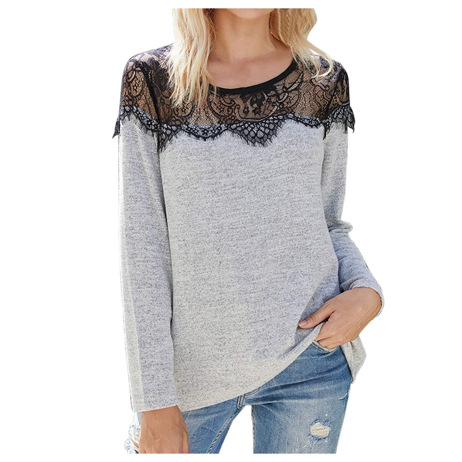 Women's Casual Knit Lace Blouse - Loose Fit Long Sleeve Round Hem Tops for Everyday Wear, Date Night & Office Outfits