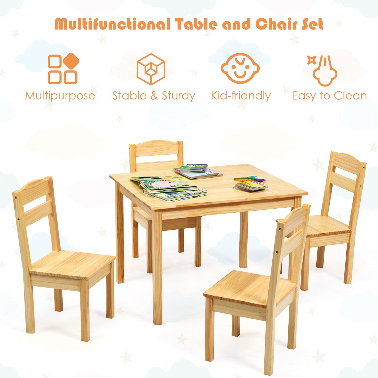 BETTARY Kids Wooden Table and Chair Set - 5 Piece Toddler Activity Furniture for Studying, Crafts, Art & Dining | Sturdy Playroom Set for Ages 2-6 | Perfect for Preschool Learning, Creative Play & Mealtime (Natural Wood)