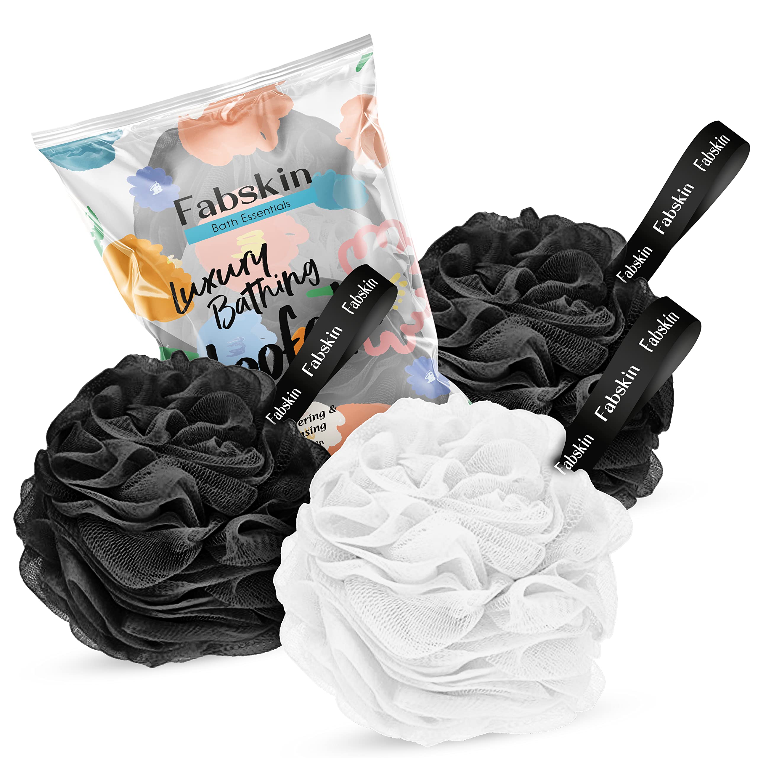 Premium Luxury Loofah Bath Sponge for Men & Women - Exfoliating Body Scrubber for Smooth Skin | Pack of 3 (Black & White) | Foaming Shower Sponge | Made in India | Perfect for Daily Shower Routine & Spa-Like Experience