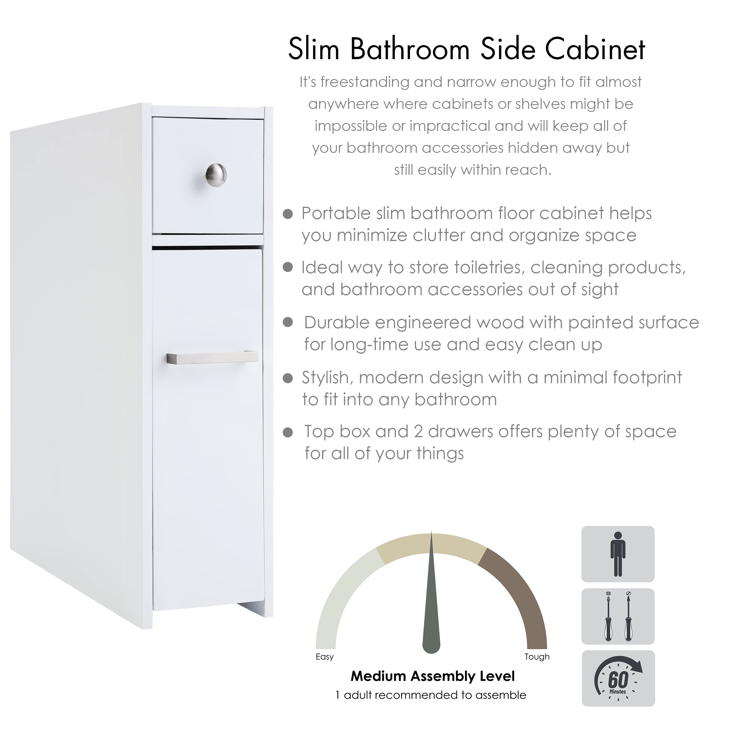 Slim Bathroom Storage Cabinet with Drawer - White for Toilet Paper & Essentials