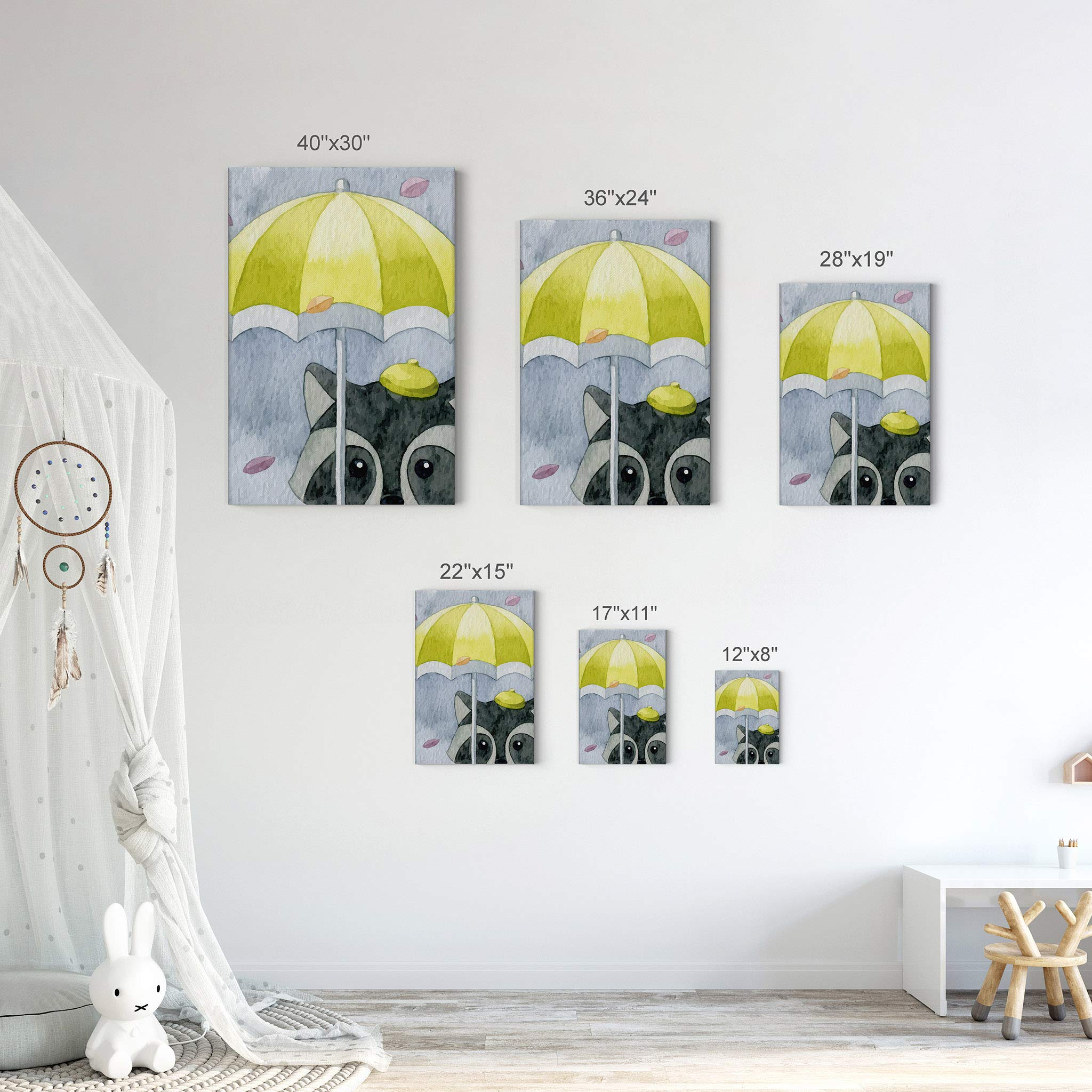 Smile Art Design Cute Raccoon Umbrella Painting - Gray Background Autumn Theme Canvas Print - Kids Room Decor, Nursery Wall Art - Ready to Hang 36x24 - Made in USA - Perfect for Baby Shower Gifts & Children's Bedroom Decoration