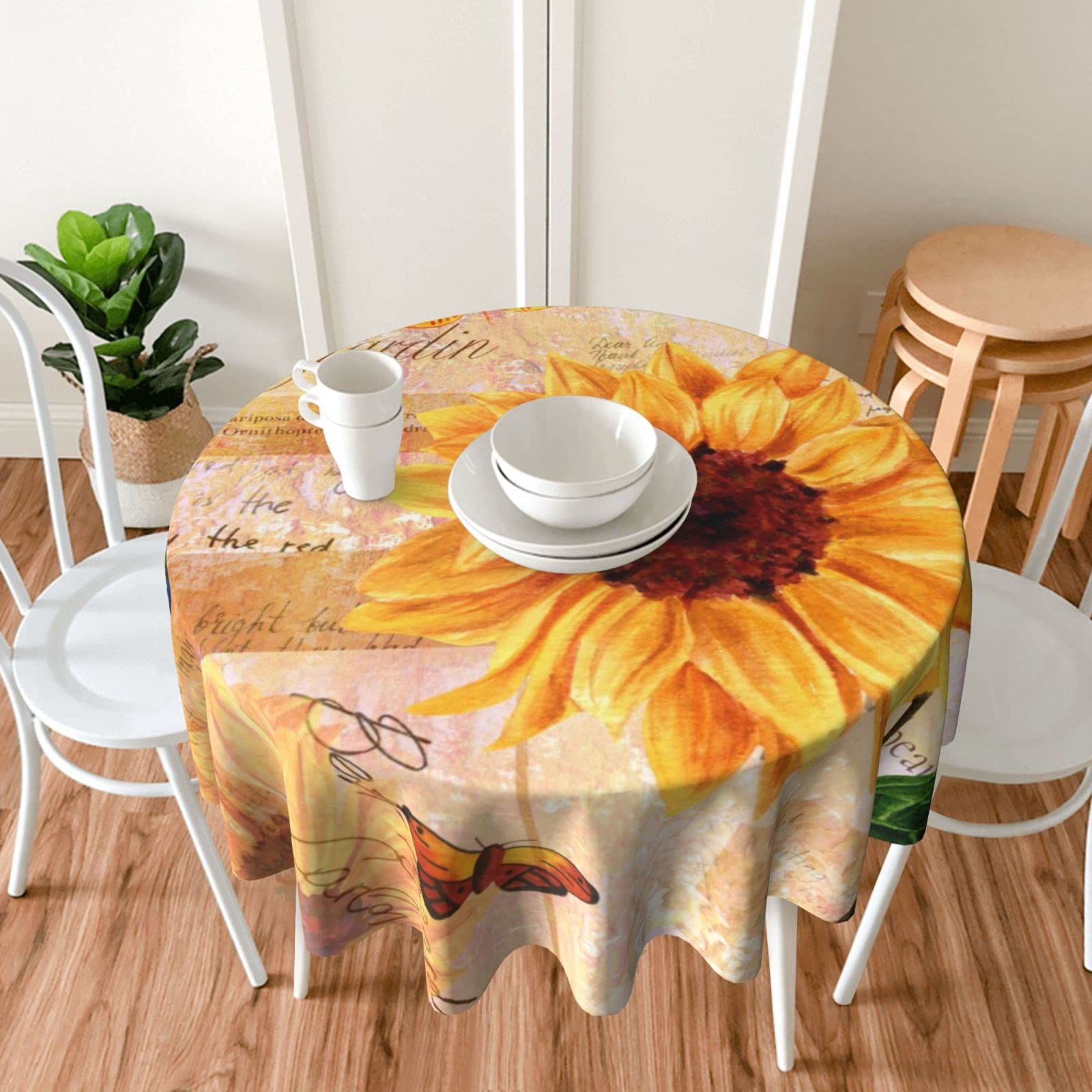 Vintage Sunflower Butterfly Round Tablecloth - 60 Inch Washable Thick Table Cover for Kitchen, Dining Room, Party Decor | Perfect for Daily Use, Outdoor Picnics, Holiday Gatherings & Home Decoration | Ideal for Farmhouse Style, Wedding Reception, and Spring Tea Party Decorations