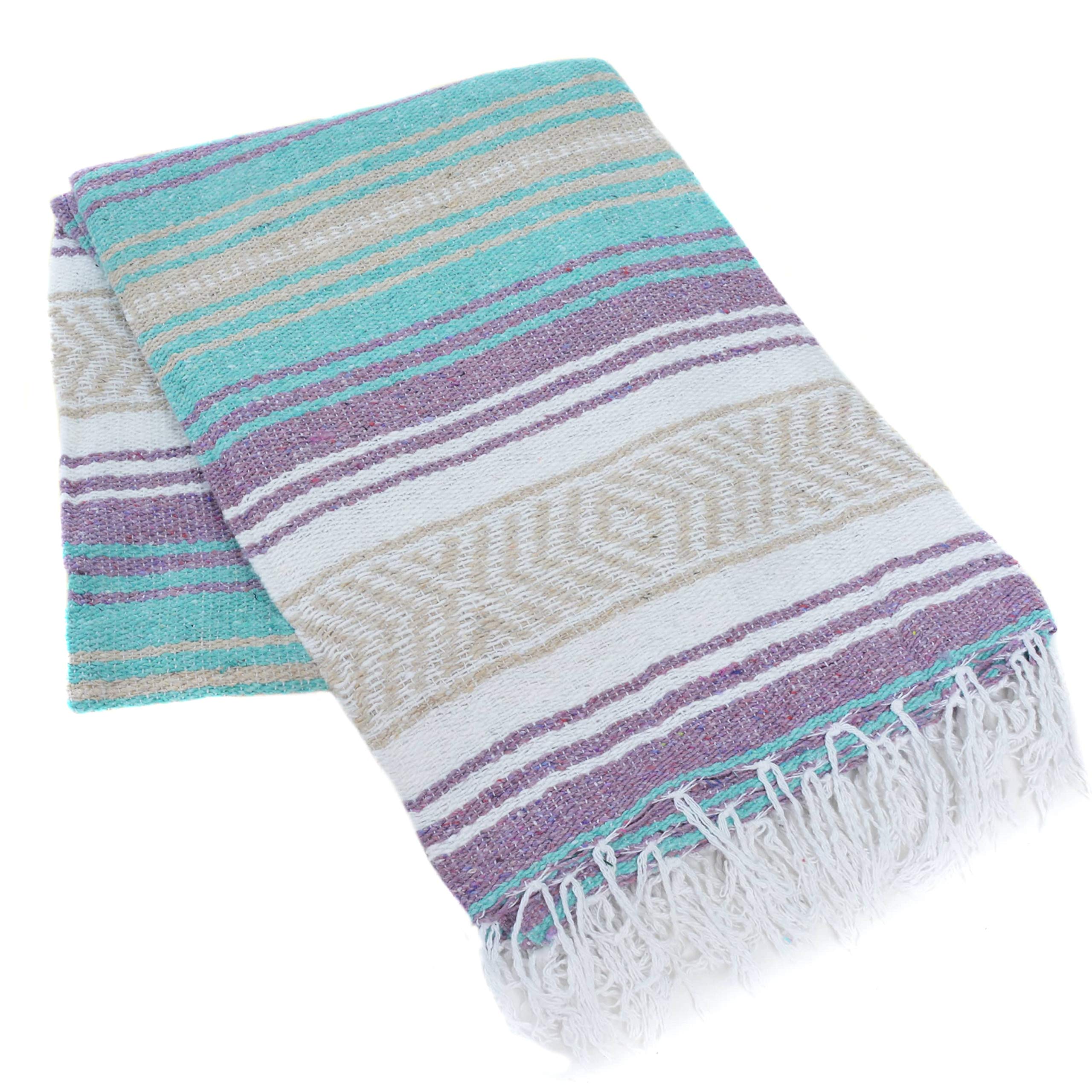 La Montana Classic Mexican Yoga Blankets - 10-Pack Soft & Thick Reversible Blankets for Yoga, Meditation, Camping, Beach, Picnics, Home Decor - Machine Washable in Light Purple, Mint, Tan & White