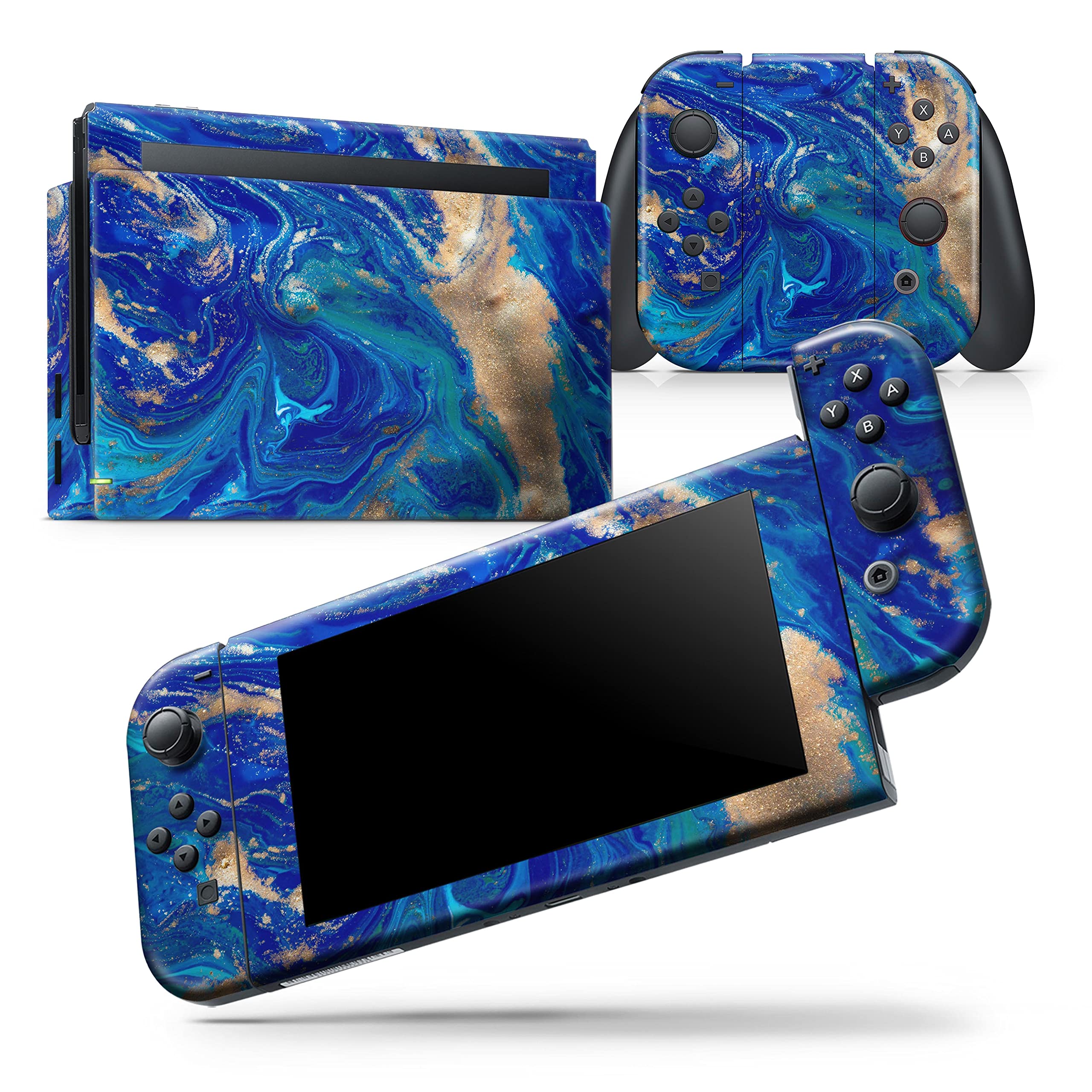 Nintendo Switch Console & Joy-Con Protective Vinyl Wrap Cover - Scratch-Resistant, Removable Skin Decal in Vivid Blue Gold - Perfect for Gaming Protection & Customization