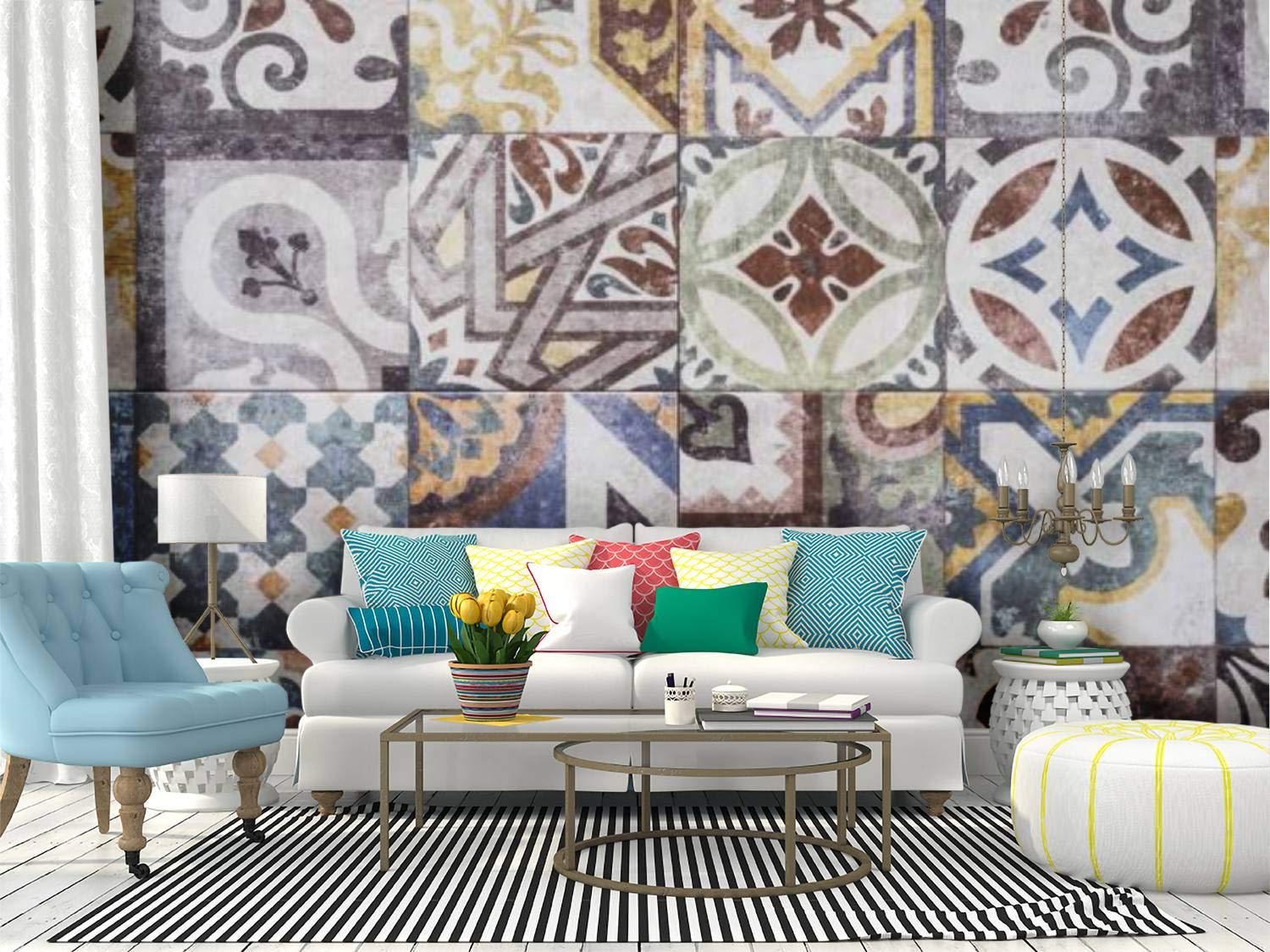 RECETHROWS Moroccan Tiles Peel and Stick Wallpaper - Self-Adhesive Vinyl Wall Mural, Mosaic Floor Texture, Large Removable Wall Sticker for Home Decor (Perfect for Living Room, Bedroom, Kitchen Backsplash & DIY Projects)