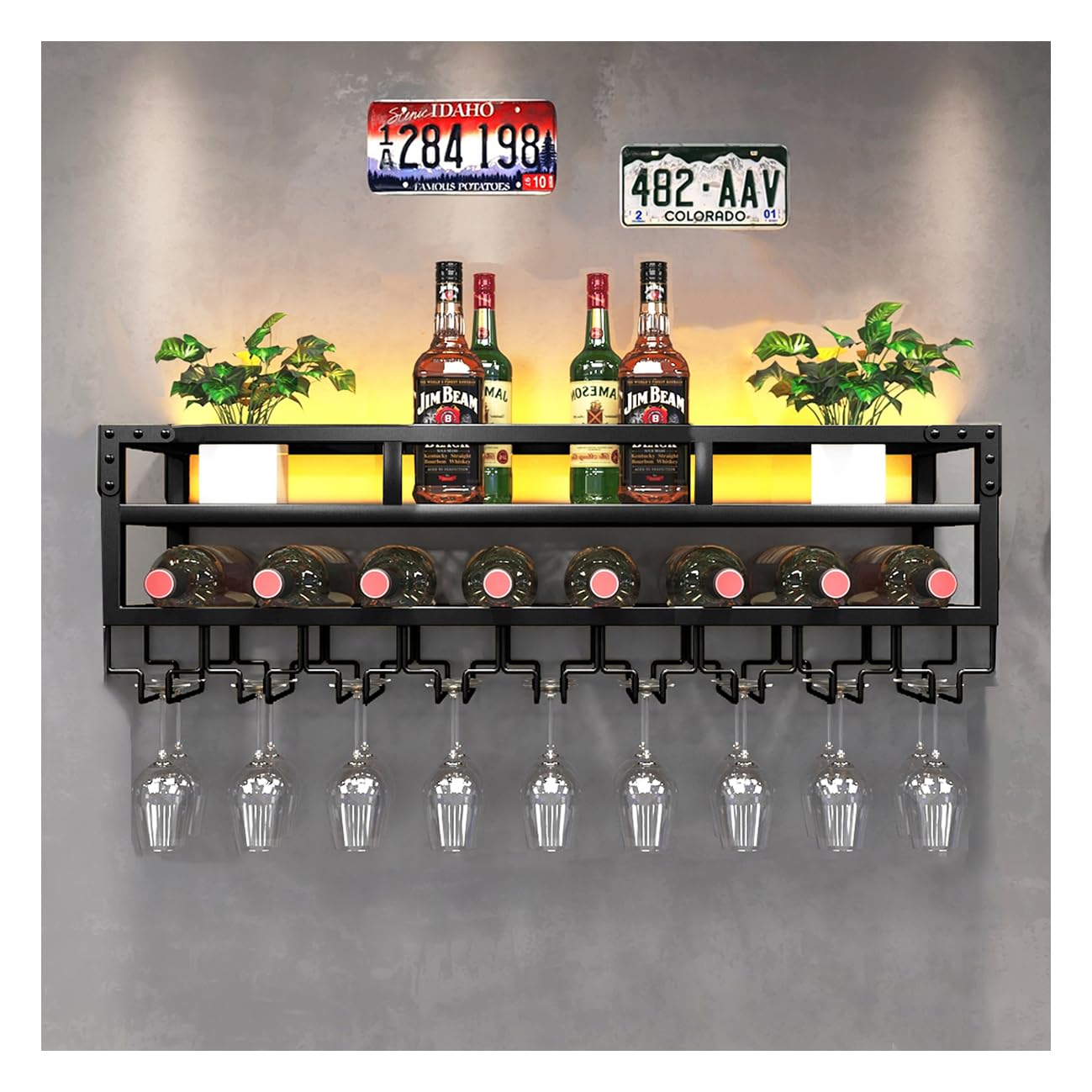 Pengfei LED Wall Mounted Wine Rack - Industrial Metal Wine Shelf with Glass Holder, Large Floating Shelves for Wine Bottle Storage - Perfect for Home Bar, Dining Room Decor & Kitchen Display