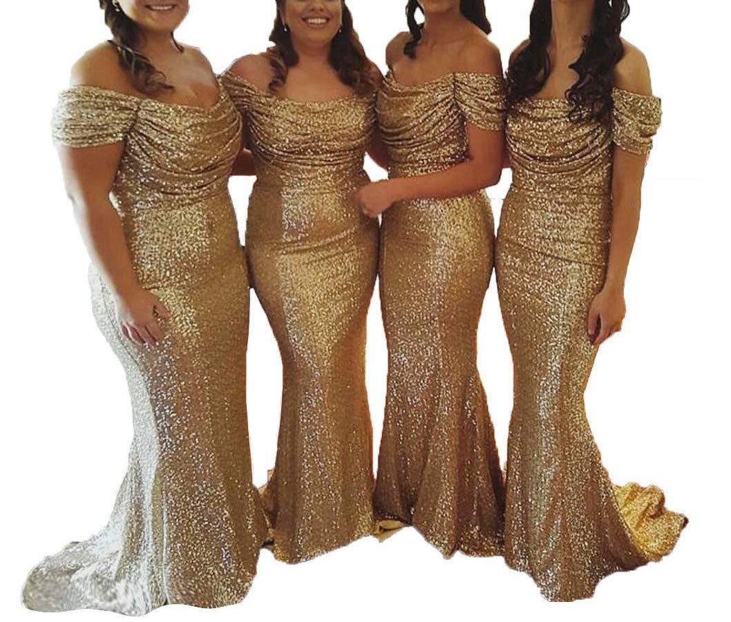 Sequin Bridesmaid Dress Long Mermaid Off Shoulder for Wedding & Prom
