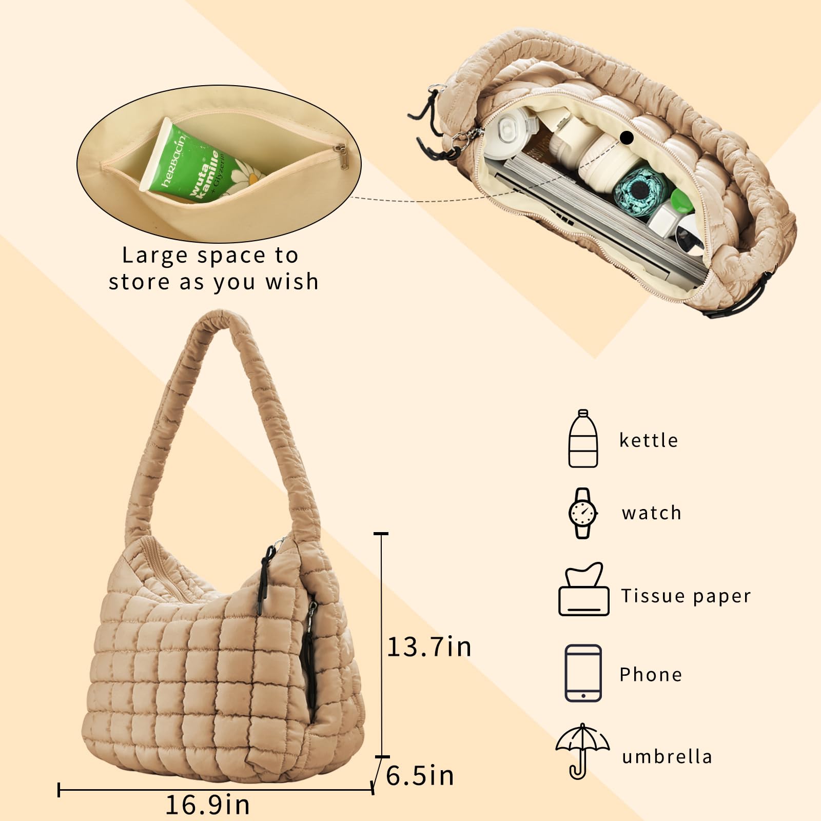 Soft Puffy Zipper Tote Bag for Women - Lightweight Quilted Crossbody Shoulder Bag | Perfect for Work, Travel & Shopping