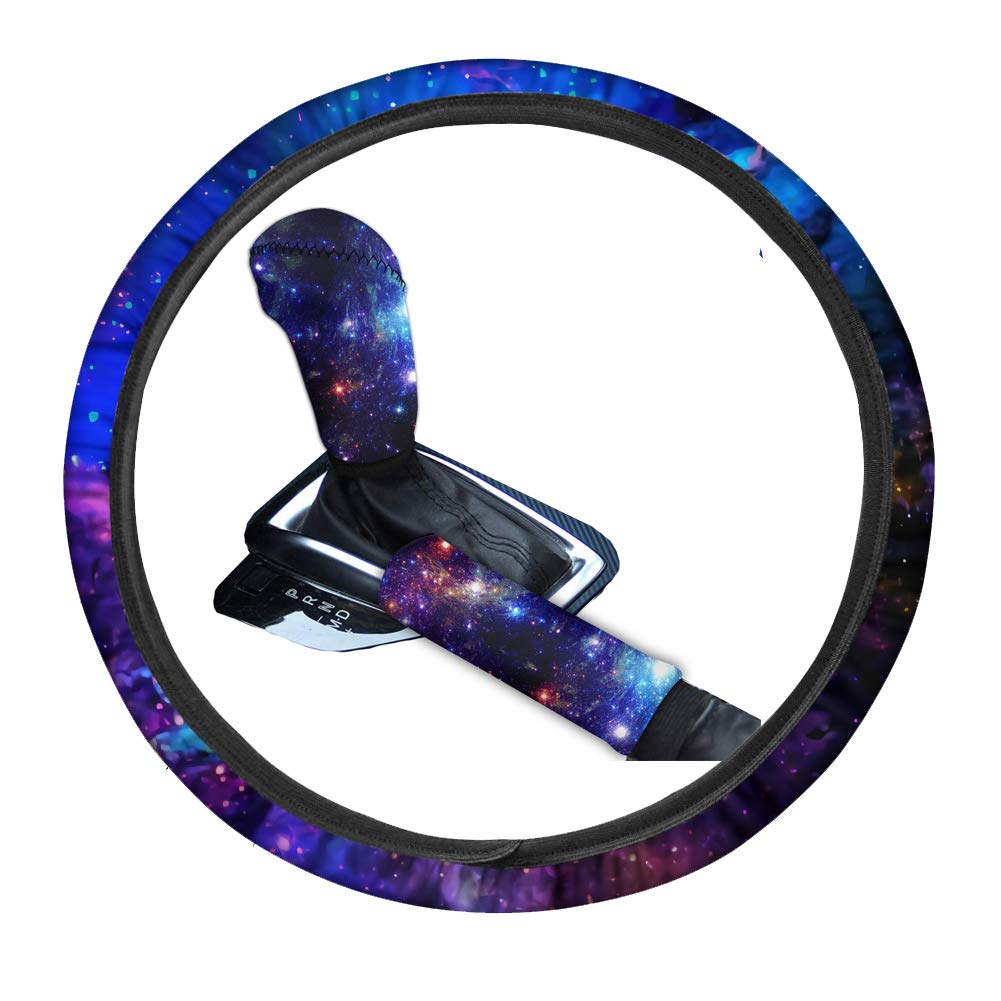 AFPANQZ Nebula Galaxy Steering Wheel Cover + Starry Shift Knob Cover + Handbrake Grip Cover 3-Piece Set (Purple/Blue) - Enhance Your Car Interior with Cosmic Style for Night Driving & Custom Car Accessories