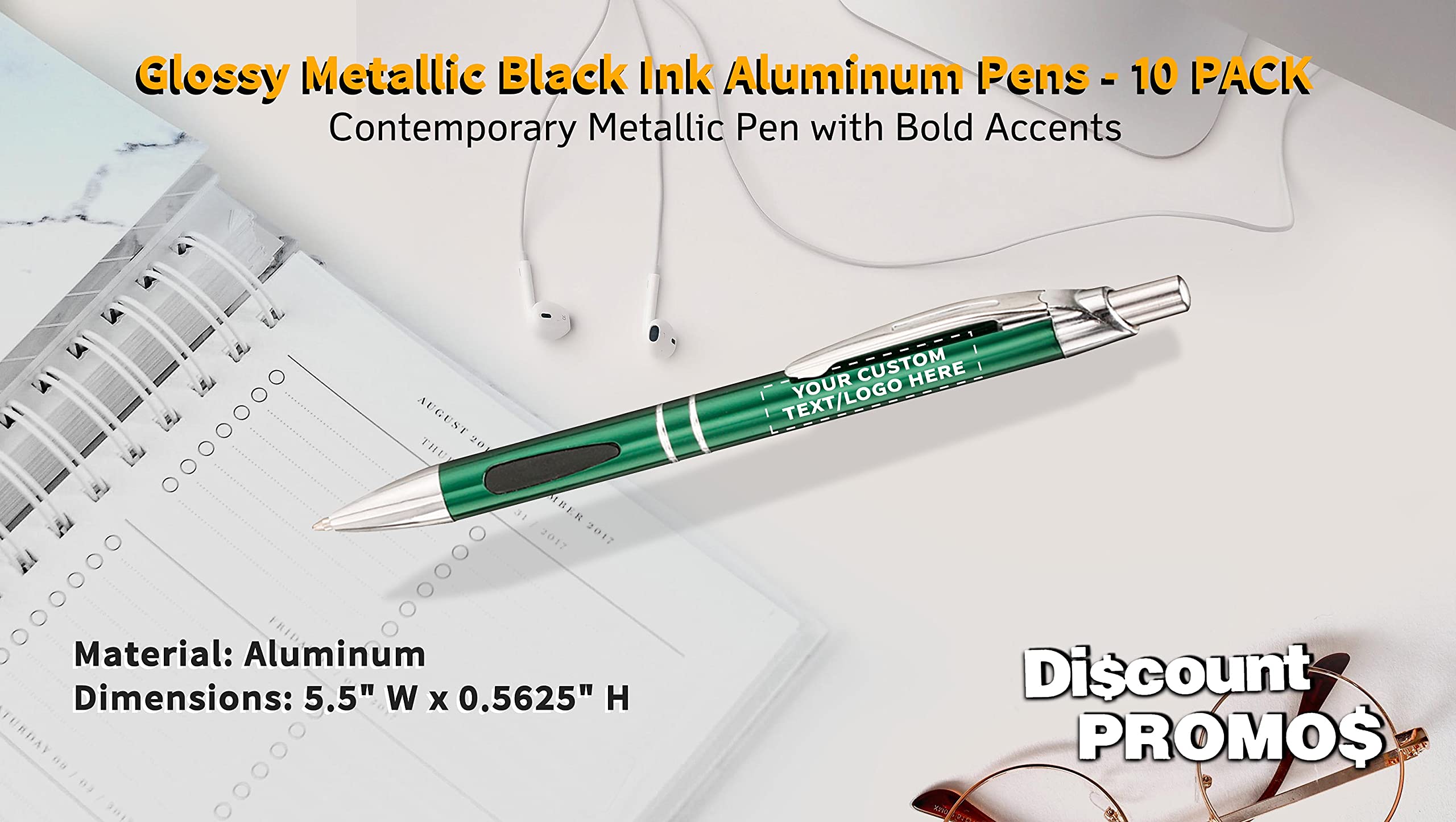 10 Pack Black Ink Metal Pens with Custom Text & Logo - Retractable Ballpoint Pens with Silver Accents - Premium Office & Business Writing Supplies for Gifts, Promotions & Corporate Branding