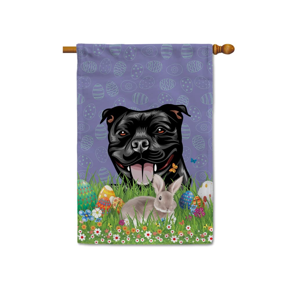 Staffordshire Bull Terrier Easter House Flag - Double Sided 28x40 Inch Outdoor Yard Decoration with Peeking Dog, Easter Eggs & Bunny Design | Perfect for Spring Celebrations, Front Porch Decor & Holiday Festivities