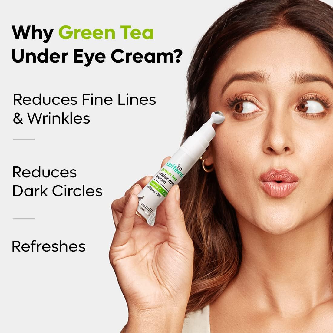 Green Tea Under Eye Cream for Dark Circles & Wrinkles - 3% Caffeine, 1.5% Vitamin C & Peptides to Reduce Puffiness & Brighten Skin - Cooling Gel with Roller Applicator for Men & Women - 15ml - Perfect for Morning Routine & Travel Skincare