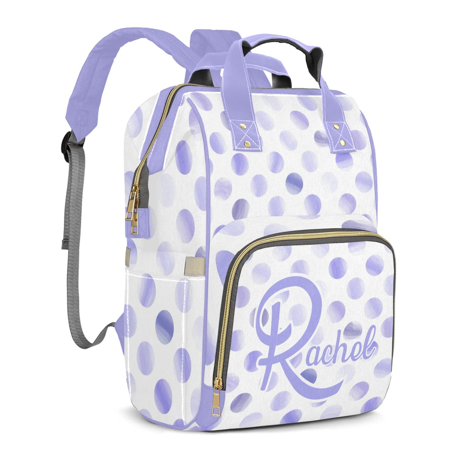 Polka Dot Purple Diaper Backpack - Stylish Tote for Moms & Dads with Name Tag | Perfect Baby Shower Gift & Nursing Essentials Organizer | Ideal for Travel, Park Outings & Daily Parenting