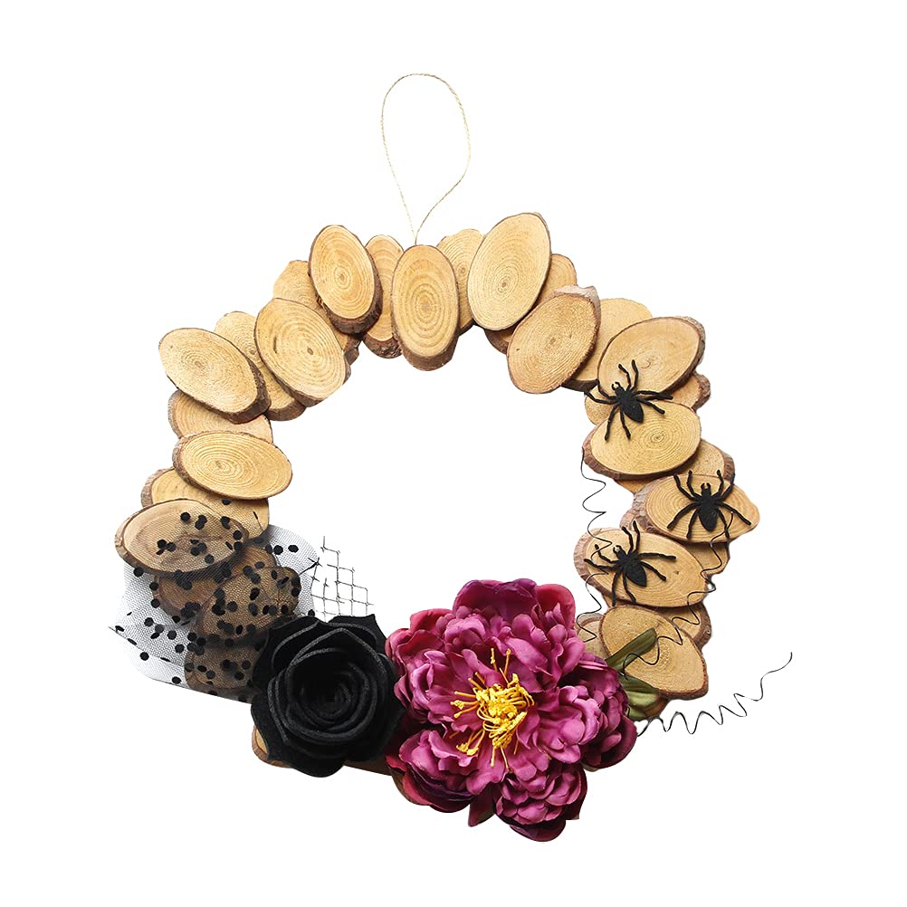 ABOOFAN Halloween Wooden Chip Wreath Pendant - Rustic Fall Decor for Doors, Walls & Fireplace - Khaki Simulated Garland Hanging Decoration for Halloween, Thanksgiving & Autumn Home Decor