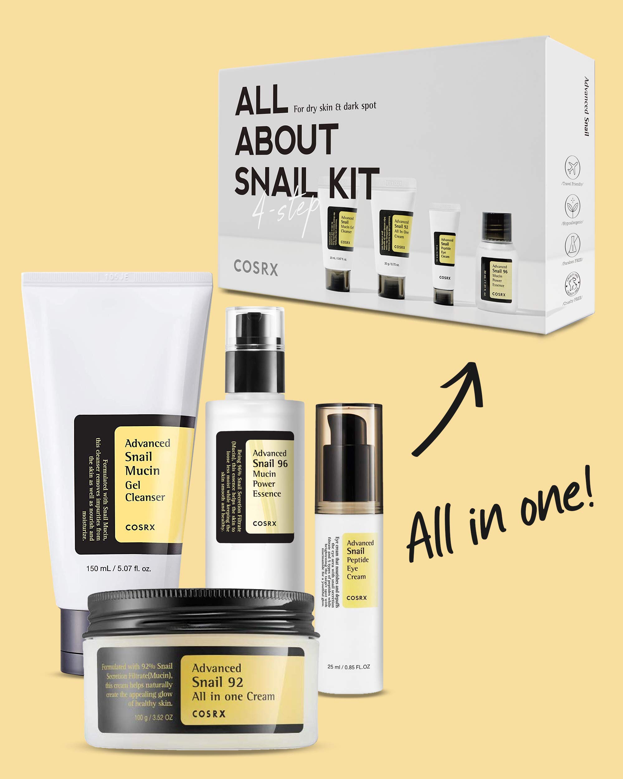 COSRX All About Snail Set with Hydrogel Mask 3EA - Korean Snail Mucin Skincare Kit & Glass Glow Hydrogel Collagen Face Mask for Hydration & Anti-Aging | Travel Essentials, Gift Set, Stocking Stuffers | Perfect for Dry Skin & Nighttime Routine