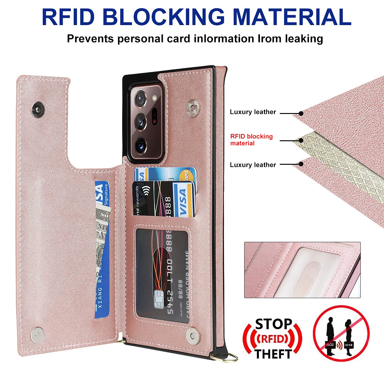 CCSmall Removable Crossbody Wallet Case for Samsung Galaxy Note 20 Ultra - Card Holder & Shockproof Purse Cover with Detachable Strap (Rose Gold) | Perfect for Travel, Shopping & Everyday Use