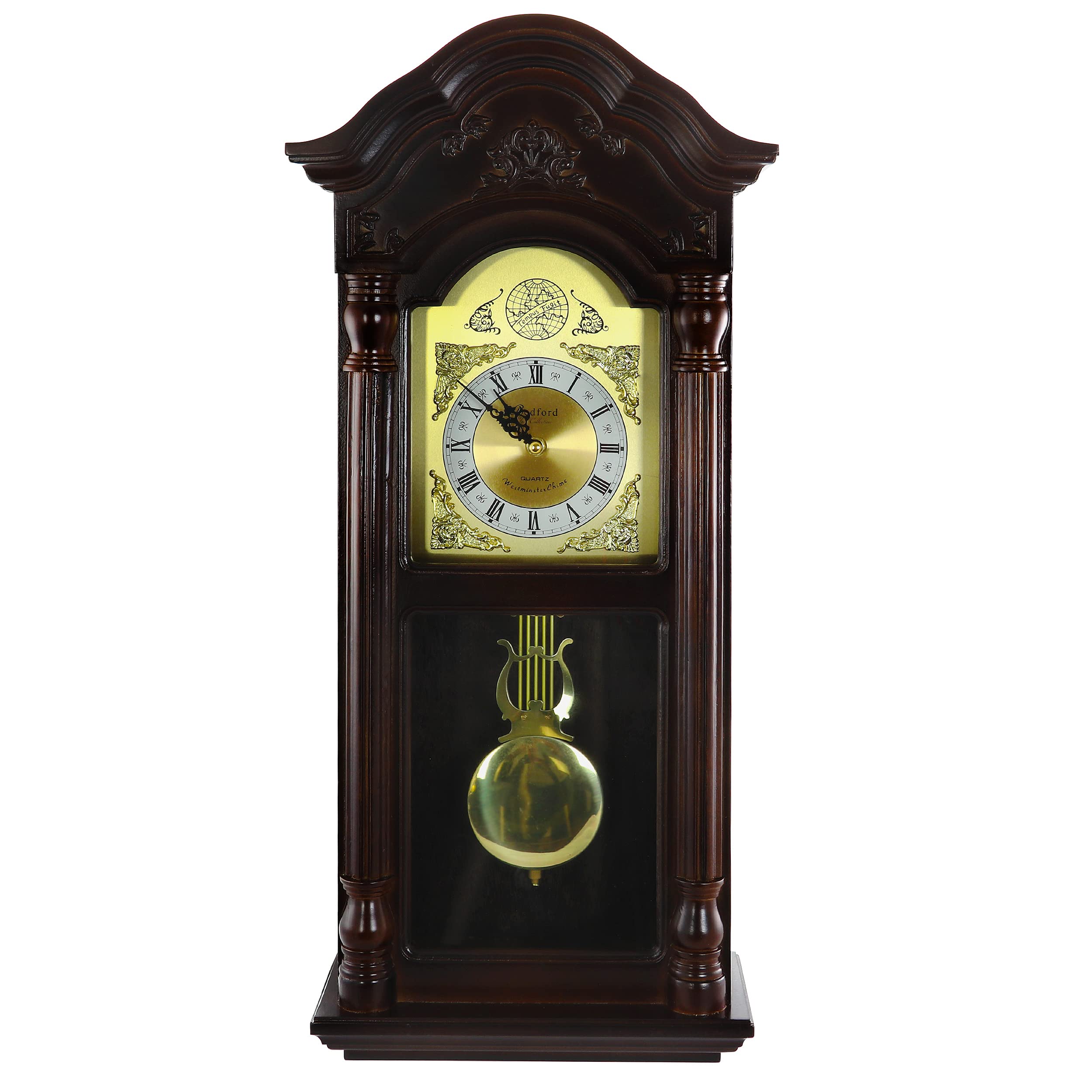 25.5 Inch Antique Mahogany Cherry Oak Wall Clock with Roman Numerals & Westminster Chime - Classic Brown Vintage Decor for Living Room, Bedroom & Office