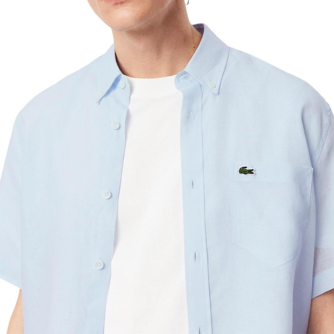 Lacoste Men's Short Sleeve Linen Button Down Shirt - Classic Regular Fit with Front Pocket | Casual Summer Wear, Office & Outdoor Activities