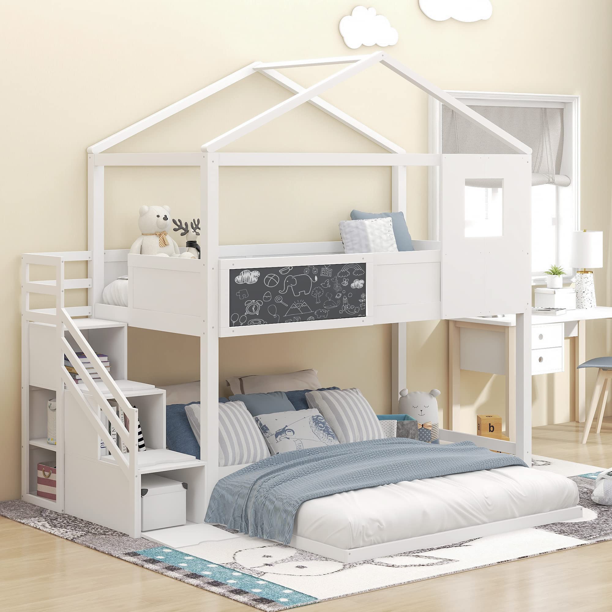 Twin Over Full Bunk Bed with Stairs & Chalkboard - Wooden Loft Bed Frame with Storage Steps for Kids & Teens - Perfect for Small Bedrooms, Shared Kids' Rooms & Sleepovers (White)