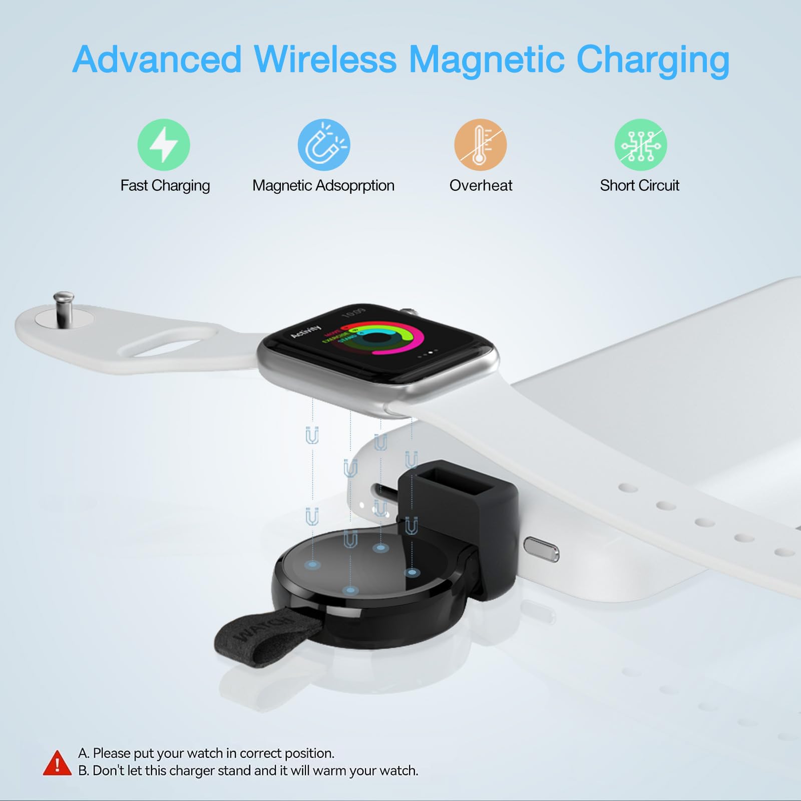 NEWDERY Magnetic Wireless Charger for Apple Watch Series Ultra/8/7/6/5/4/3/2/1/SE - Portable USB Travel Charger with Fast Charging & Lightweight Design (Black) | Perfect for Home, Office & Travel Use