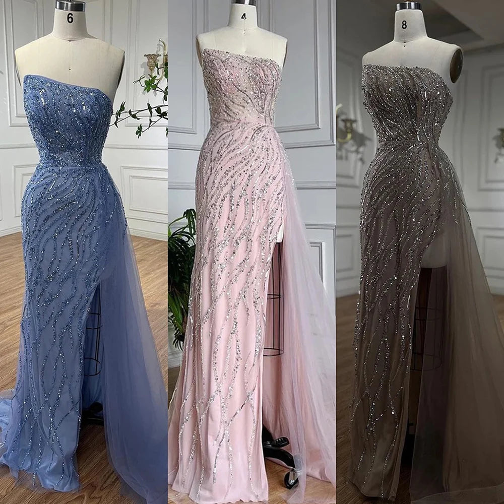 Elegant Blue Mermaid Evening Gown with High Split & Beaded Skirt - Women's Formal Party Dress for Prom, Wedding, Gala & Special Occasions