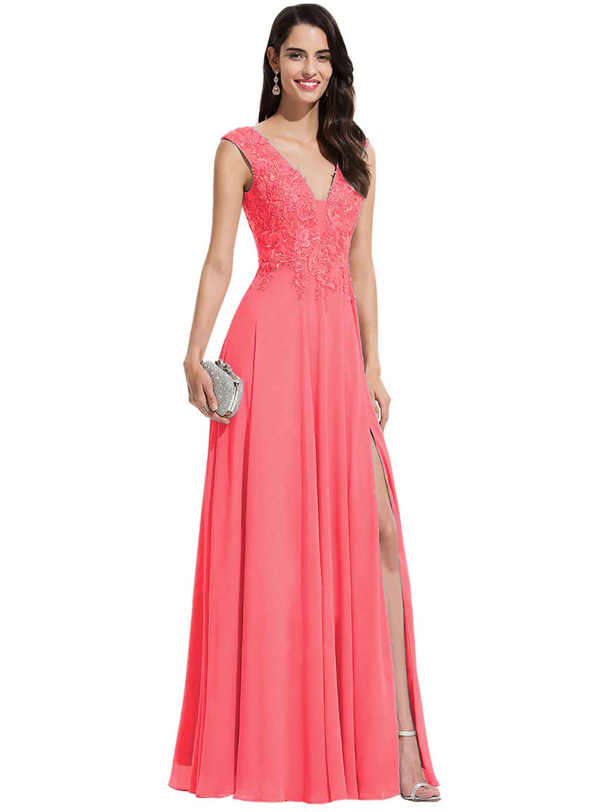 Elegant Chiffon V-Neck Prom Dresses for Women - Long Formal Evening Gowns with Appliques & Side Slit - Perfect for Bridesmaids, Homecoming, and Special Occasions