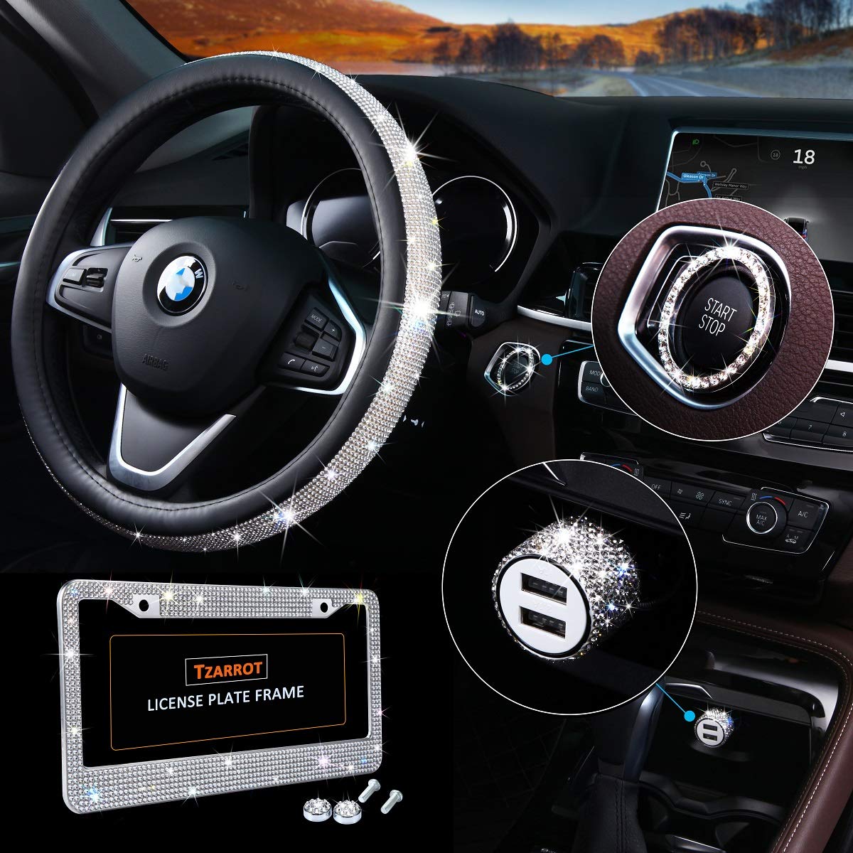 Bling Car Accessories 4-Piece Set - Steering Wheel Cover, License Plate Frame & USB Charger for Women & Men - Perfect for Car Decor & Fast Charging