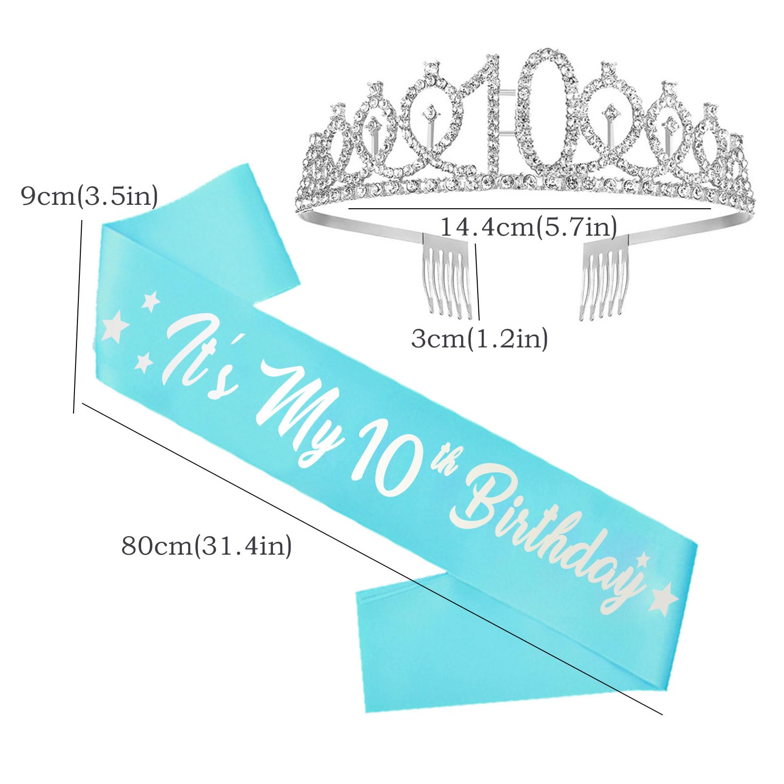 10th Birthday Party Decorations for Girls - Teal Glitter Birthday Sash, Silver '10' Crown, Foil Balloons Set with Number 10 & Stars, Happy Birthday Latex Balloons - Perfect for Princess Themed Parties, Birthday Photos & Milestone Celebrations