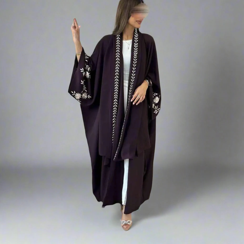 Elegant Hijab Embroidery Cuff Cardigan Open Abaya Dress - Modest Muslim Fashion for Prayer, Wedding & Special Occasions