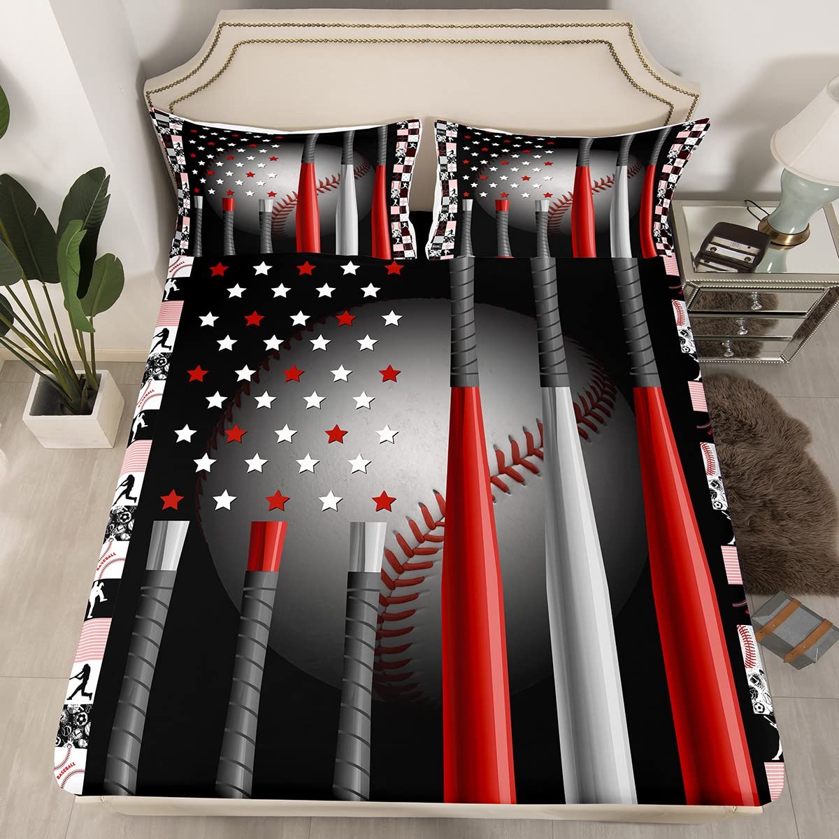 Boys Baseball Fitted Queen Sheet Set - 3PC American Flag Sports Bedding with 2 Pillowcases | Soft Red & Black Softball Themed Bed Cover | Super Soft Game Day Decor for Kids & Teens Bedroom
