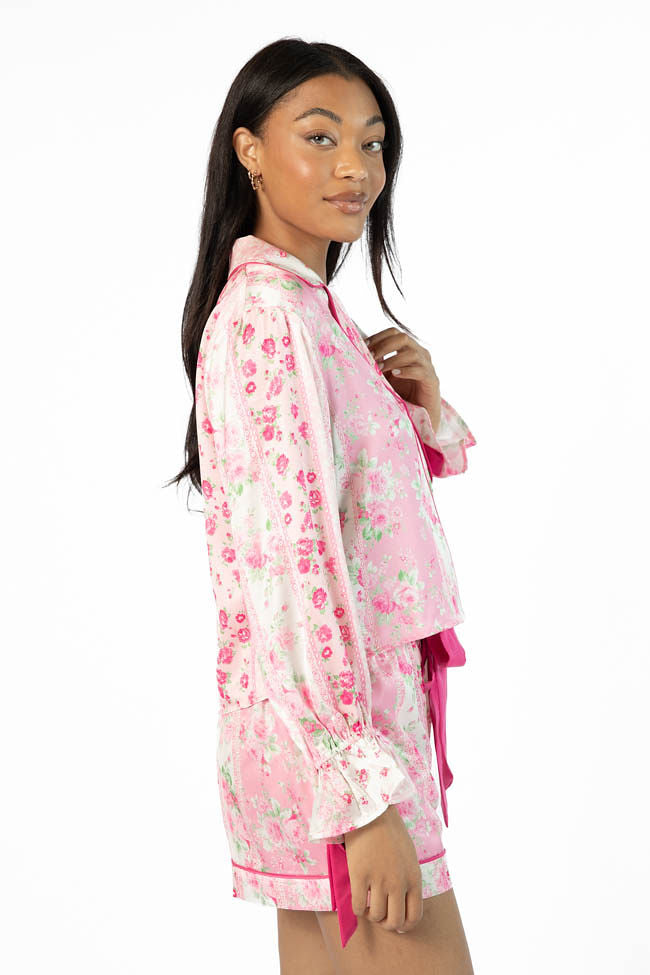 Pink Multi Floral Long Sleeve Satin Pajama Top for Women - Soft Sleepwear for Comfortable Nights & Relaxing Evenings at Home