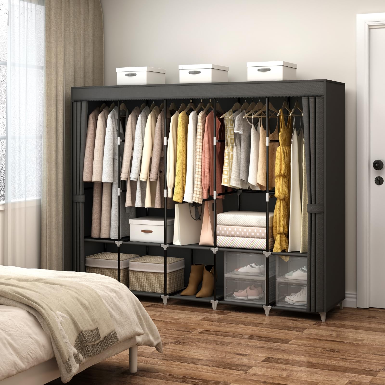 83 Inch Wide Portable Closet Wardrobe Organizer with Cover - 5 Hanging Rods & 10 Shelves for Clothes Storage | Perfect for Bedroom, Dorm, Apartment, RV or Temporary Closet Solution (Black)