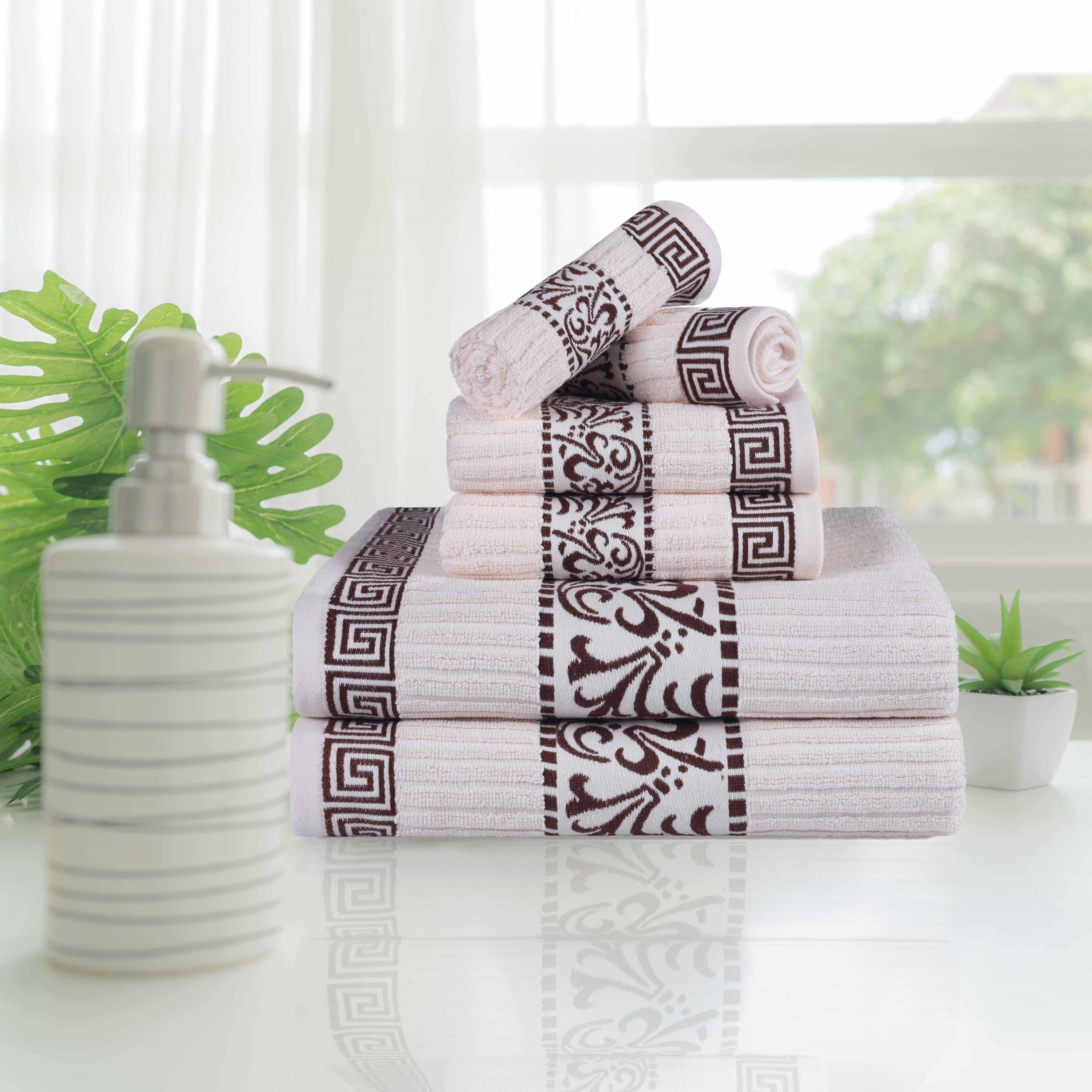 Athens Cotton Greek Scroll and Floral 6-Piece Bath Towel Set - Soft & Absorbent for Bathroom, Spa, and Beach Use