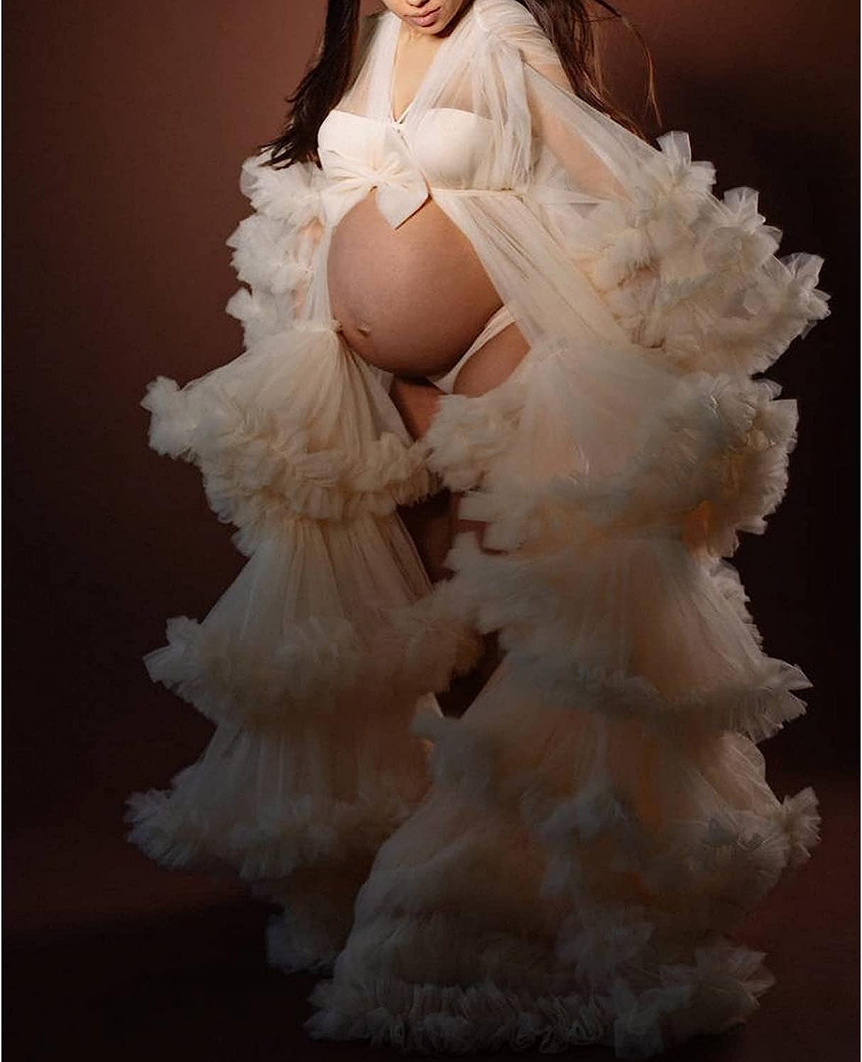 Elegant Tulle Maternity Robe - Long Lace Nightgown for Pregnancy Photoshoots & Baby Showers - Comfortable Nursing Dress for Expecting Mothers - Perfect for Maternity Photos, Bridal Showers & Special Occasions - SZPD09