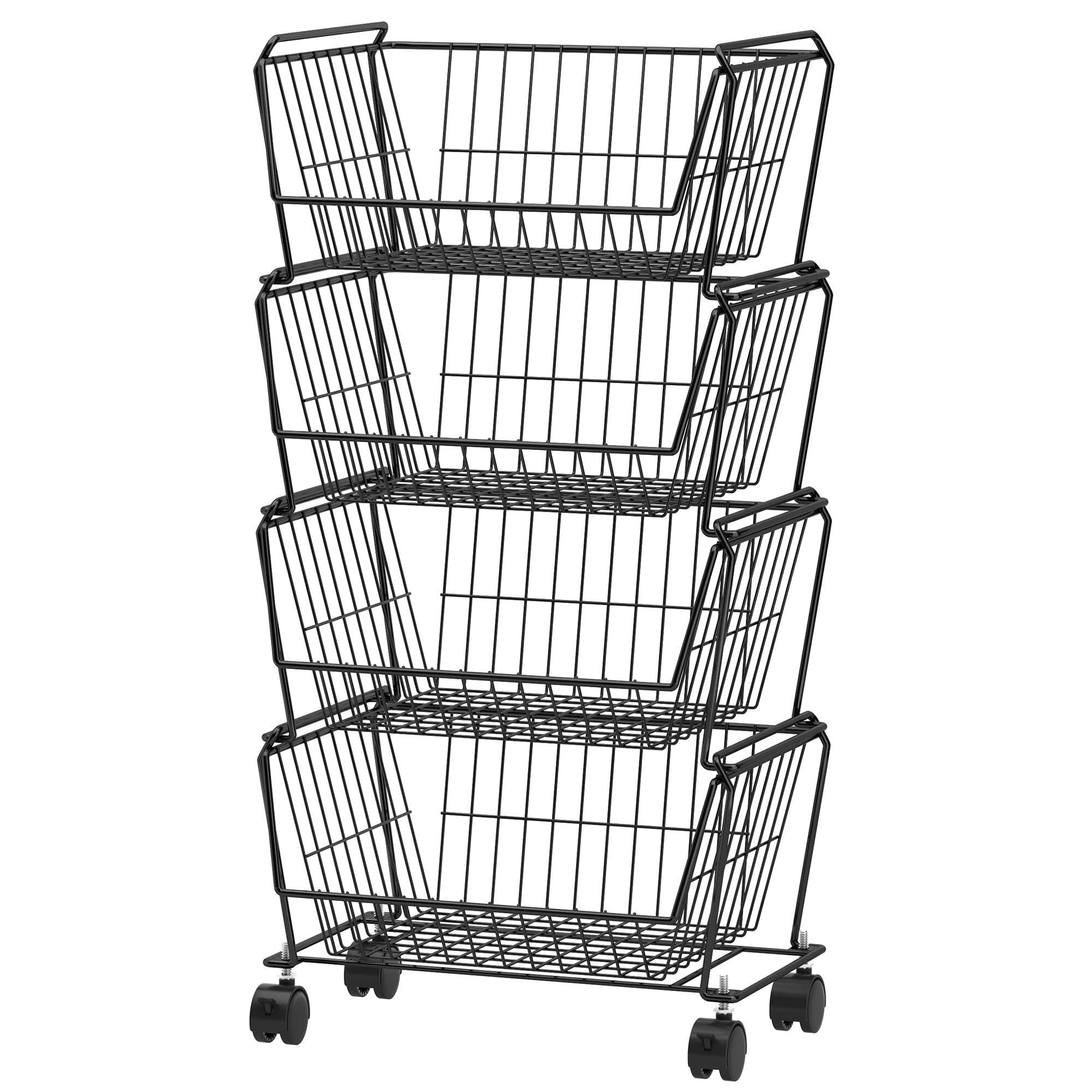 PUSDON 4-Tier Stackable Metal Storage Baskets - Rustproof Kitchen Organizer for Fruits, Vegetables, Pantry & Office Supplies - Space Saving Shelf for Home, Kitchen & Office Organization (Black)