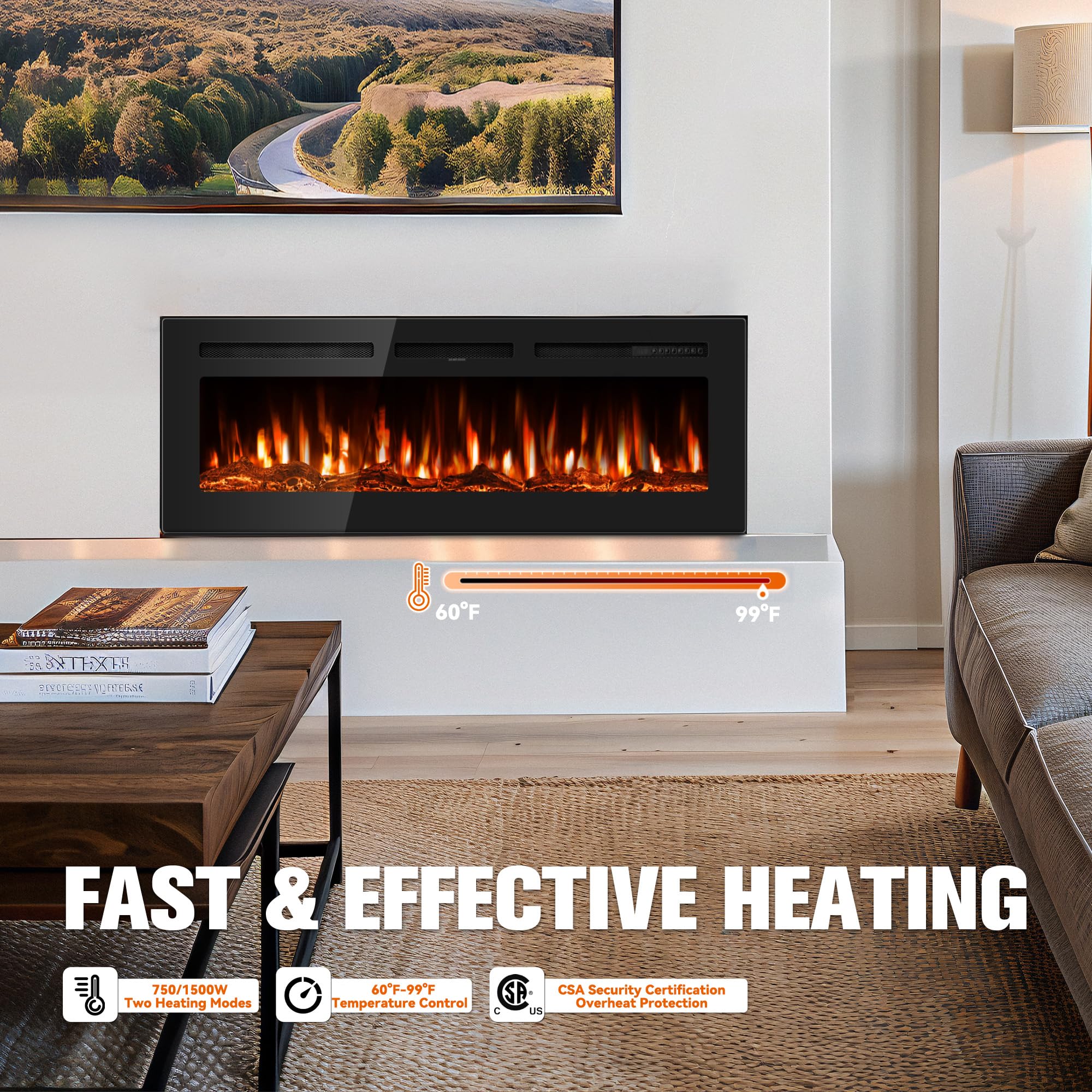 50 Inch Electric Fireplace - Recessed In-Wall & Wall Mounted with Remote Control, 750W/1500W Thin Wall Heater (60-99°F Thermostat) - 12 Adjustable Flame Colors, Timer & Log Set - Perfect for Living Room, Bedroom & Office Warmth & Ambiance