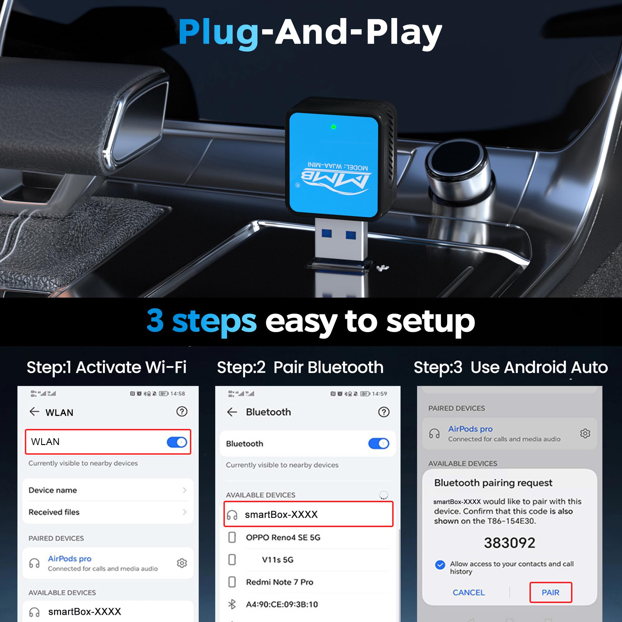 MMB Mini Wireless Android Auto Adapter - Plug & Play USB to Wireless CarPlay Converter for 2017+ Vehicles | Fast & Stable Connection | Perfect for Commuting, Road Trips & Hands-Free Driving