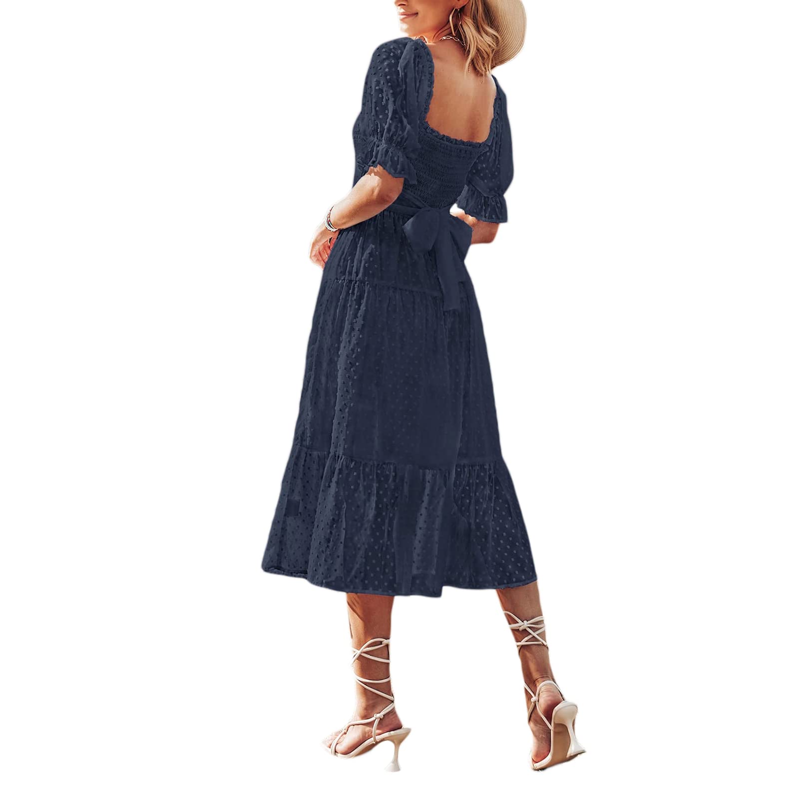 Women's Swiss Dot Chiffon Midi Dress - Summer Short Puff Sleeve Square Neck Backless Pleated Long Dress for Beach, Wedding & Party Wear