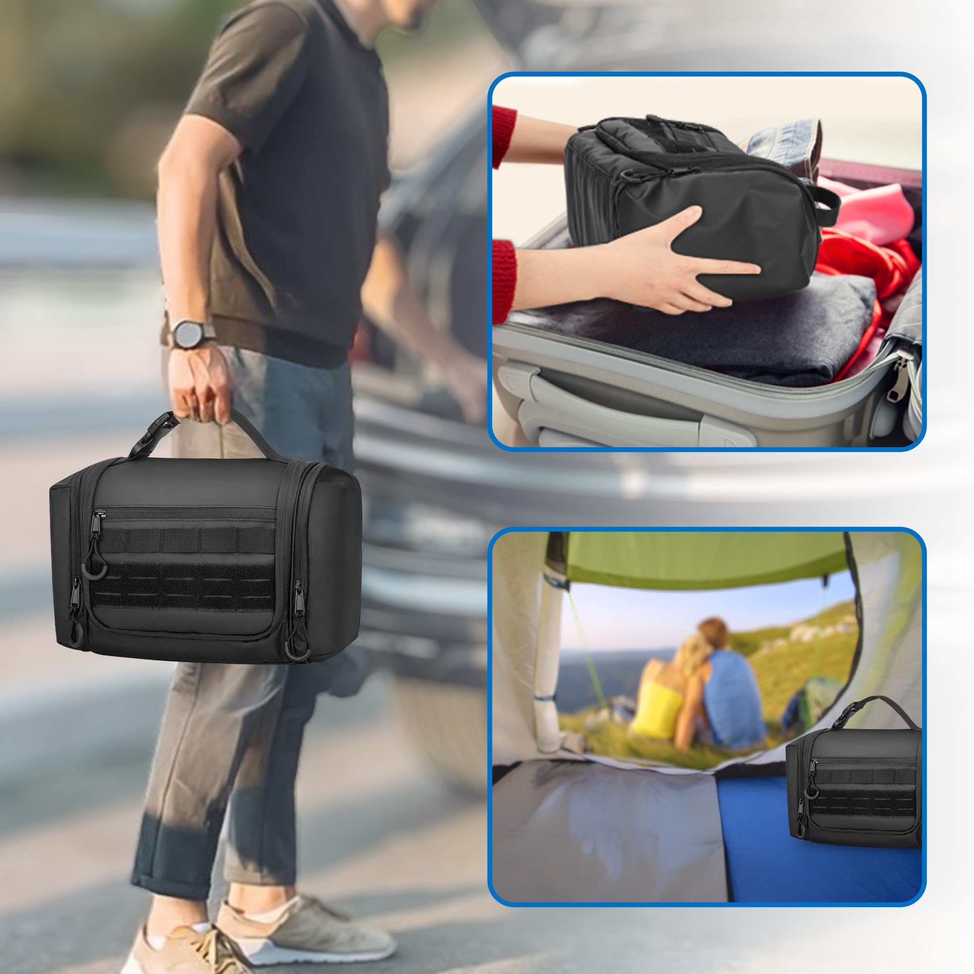 **Tactical Hanging Toiletry Bag for Men - Large Travel Shower Bag & Hygiene Organizer - Waterproof Dopp Kit for Camping, Hiking, Gym & Outdoor Adventures - Black**