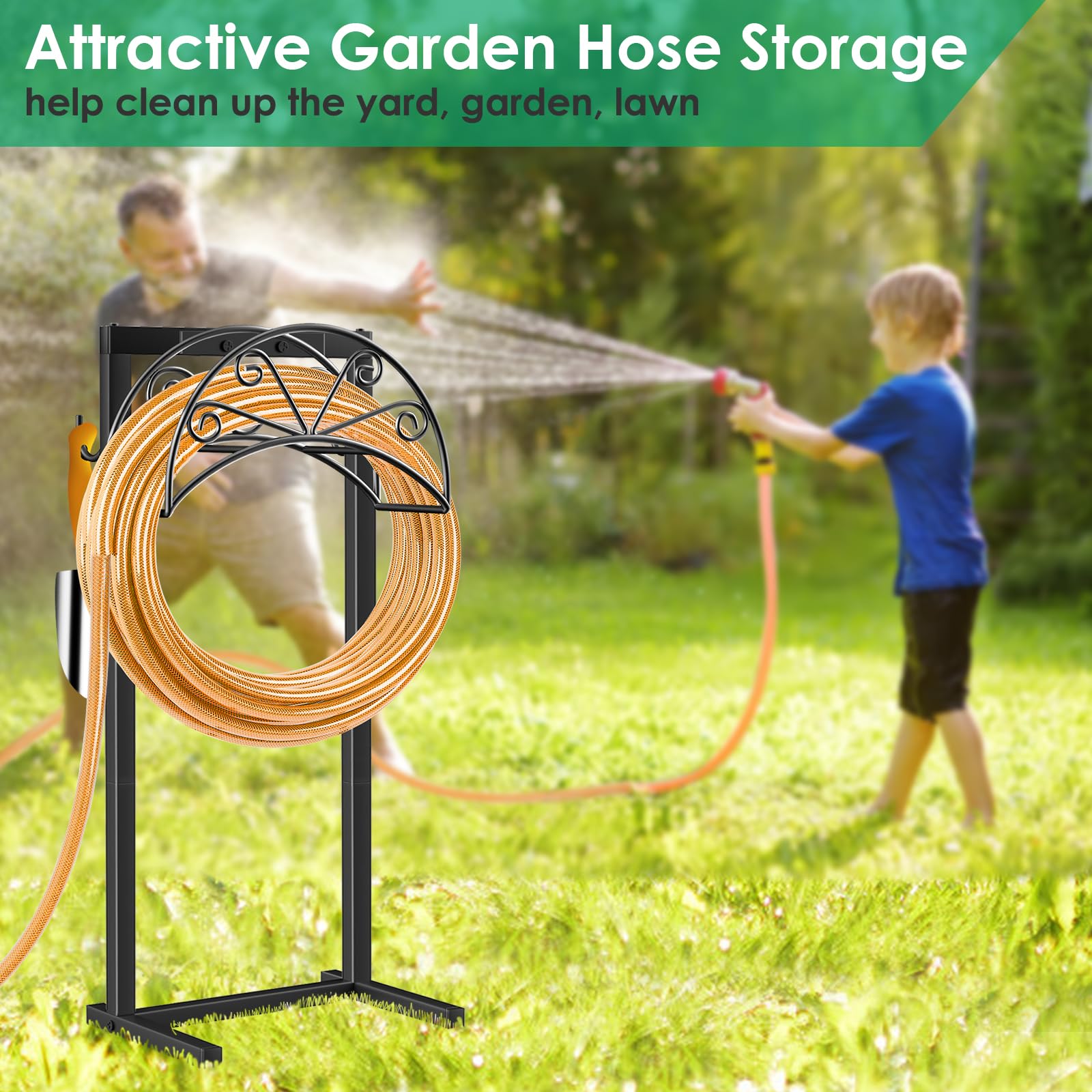 Heavy Duty Freestanding Garden Hose Holder with 4 Spikes & 2 Tool Hooks - Sturdy Outdoor Water Hose Storage Stand for 160 FT Hose - Perfect for Yard, Lawn, Garden Watering & Tool Organization (Black)