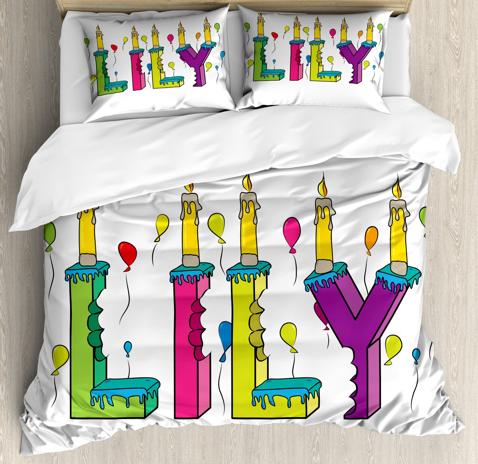 Ambesonne Lily Duvet Cover Set King Size - Hand Painted Birthday Theme Floral Design with Balloons & Name - 3 Piece Bedding Set with 2 Pillow Shams - Perfect for Girls' Bedroom Decor, Birthday Gifts & Guest Room Styling