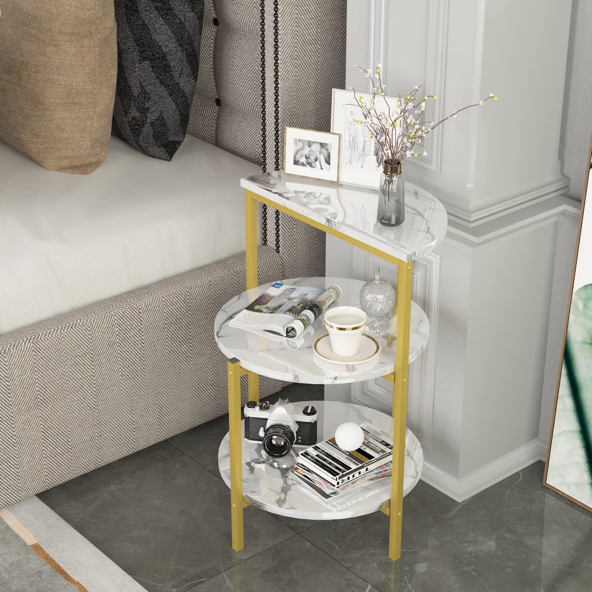 AWQM 3-Tier Marble End Table with Metal Frame - Small Round Side Table for Sofa, Coffee Table & Bedside - White & Gold Accent - Perfect for Living Room, Bedroom & Corner Spaces